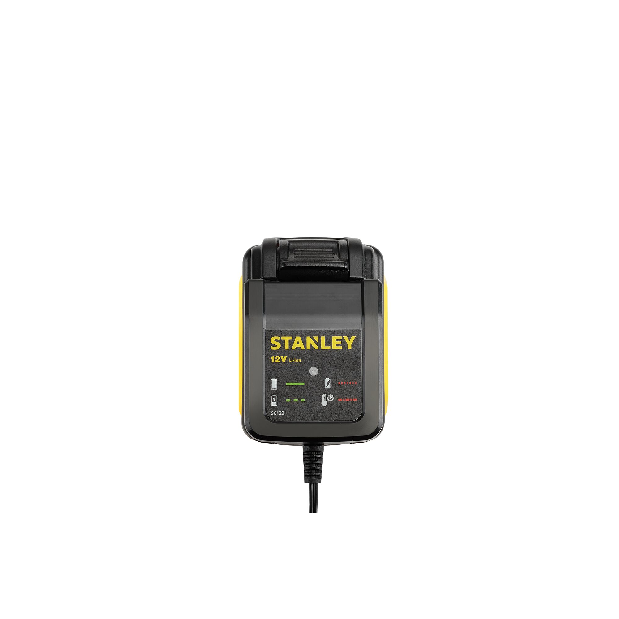 STANLEY SC122-BR battery charger, black and yellow, 12V lithium, front view on white background.