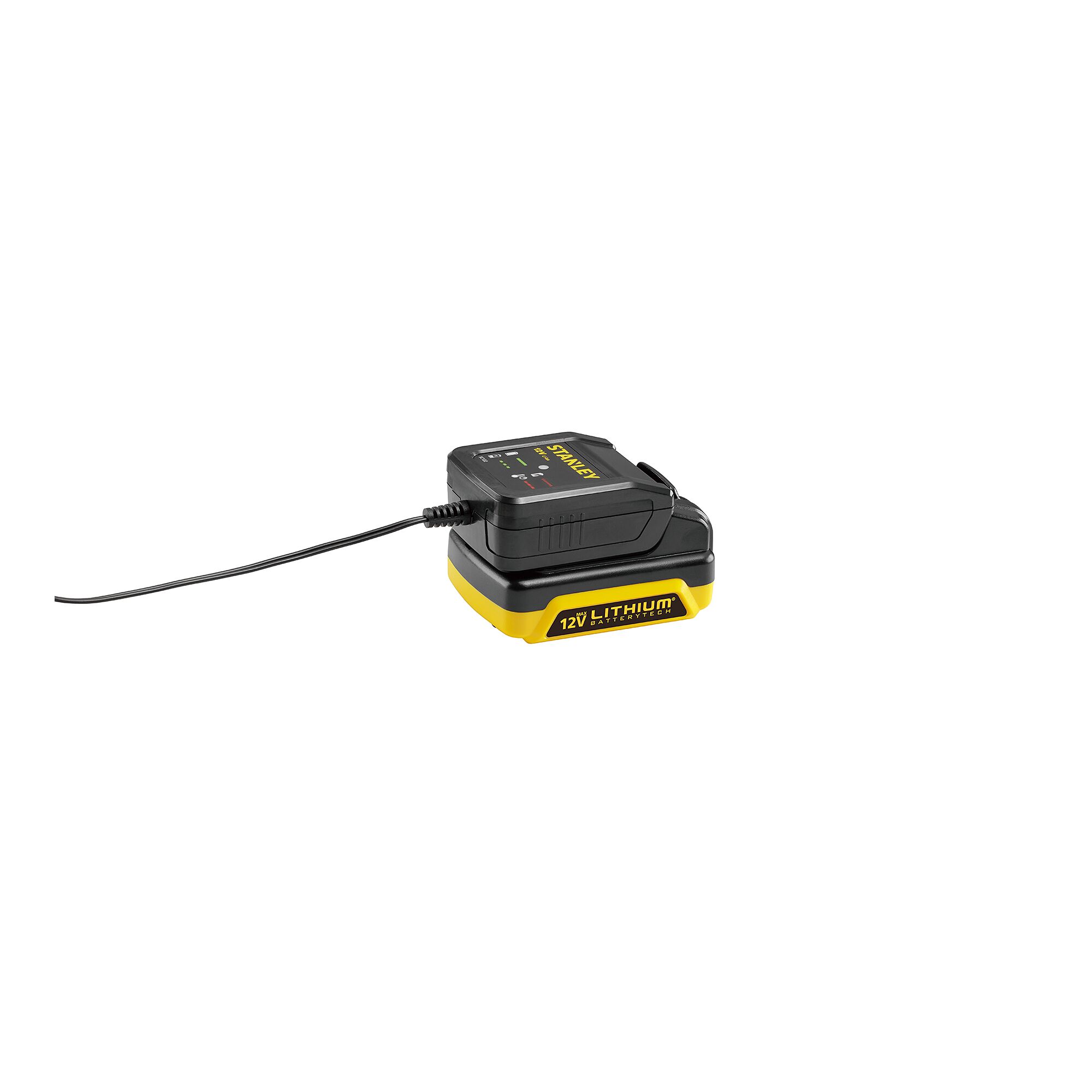 STANLEY SC122-BR 12V lithium battery and charger front angle on white background.