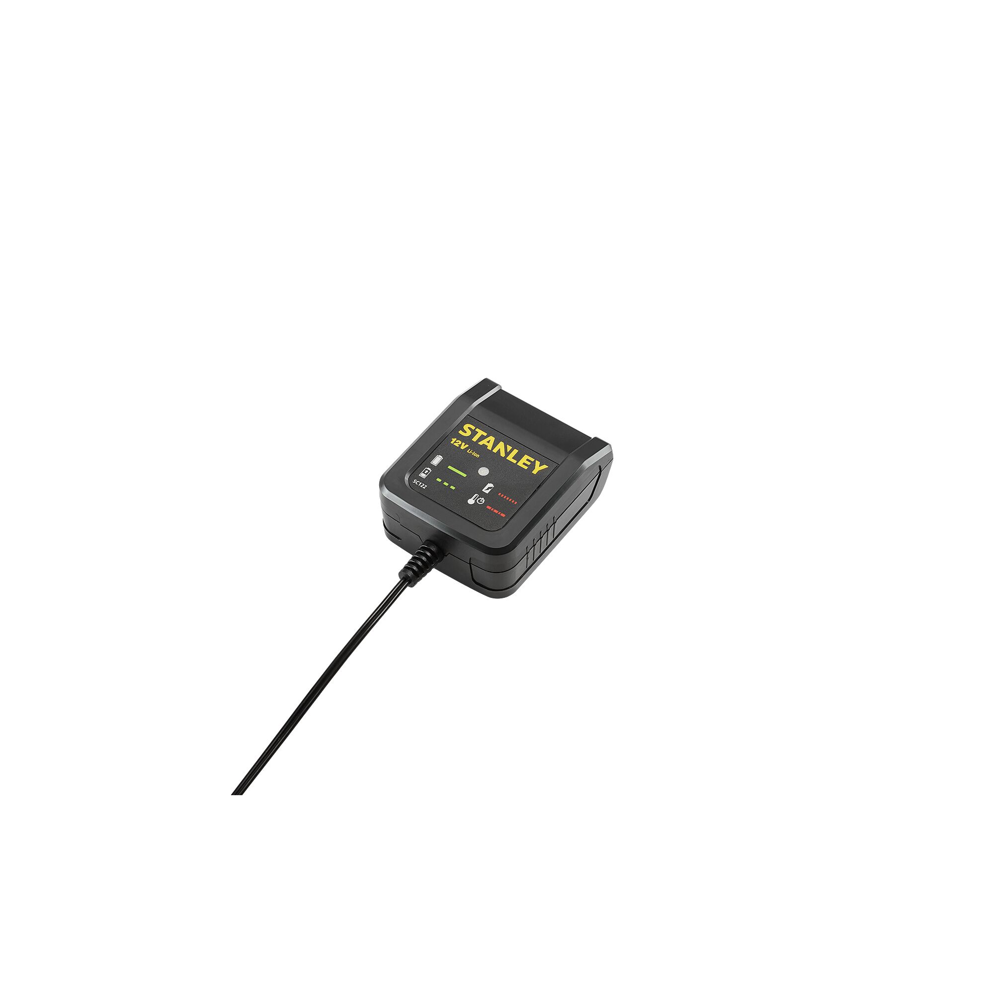 STANLEY SC122-BR black battery charger with indicator lights, product top angle on white background.