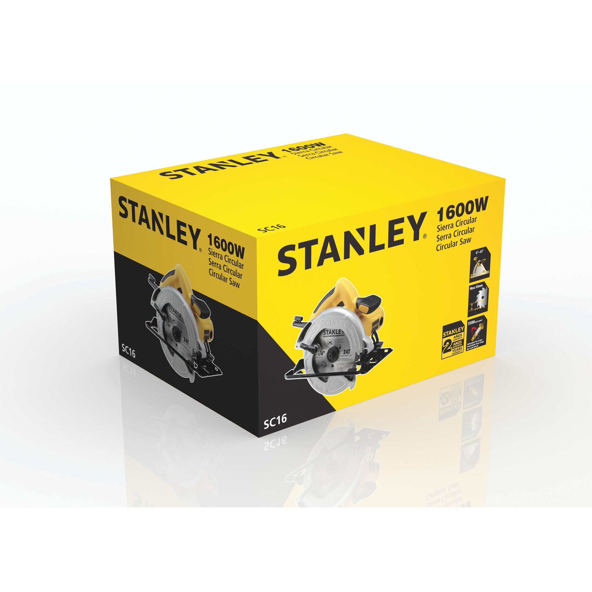 STANLEY SC16 circular saw packaging, yellow and black box, product image and key features visible, angled view.