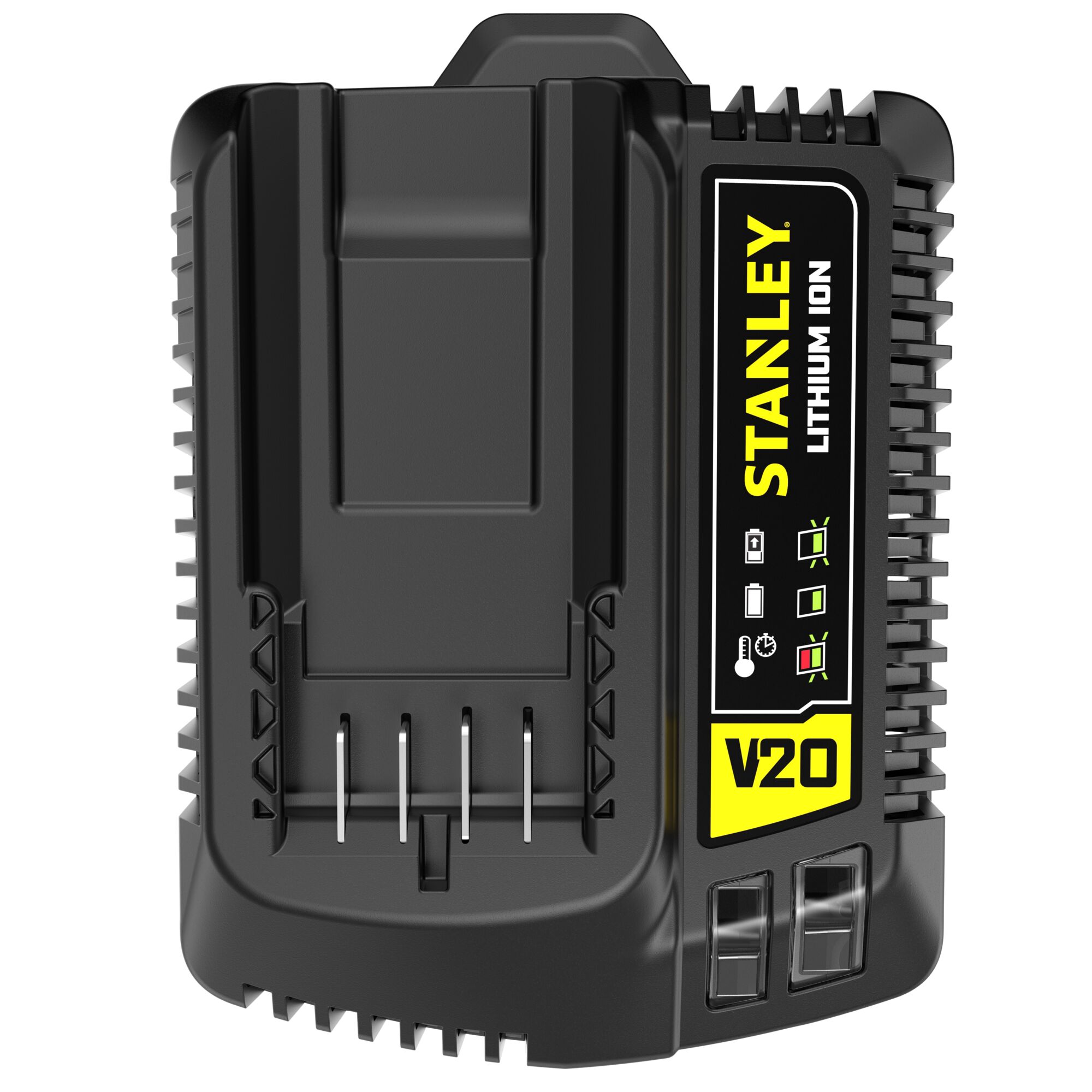 STANLEY SC200 battery charger, V20 series, black with yellow branding, front angle on white background.