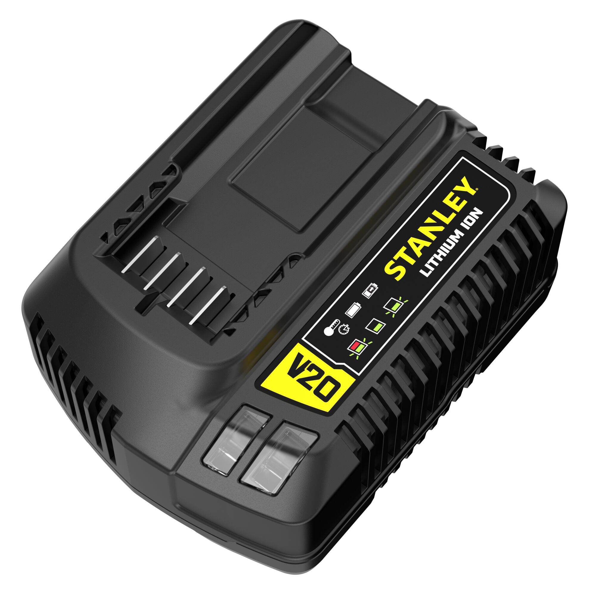 STANLEY SC200 battery charger, black, angled front view, showing FATMAX branding label and metal contacts.