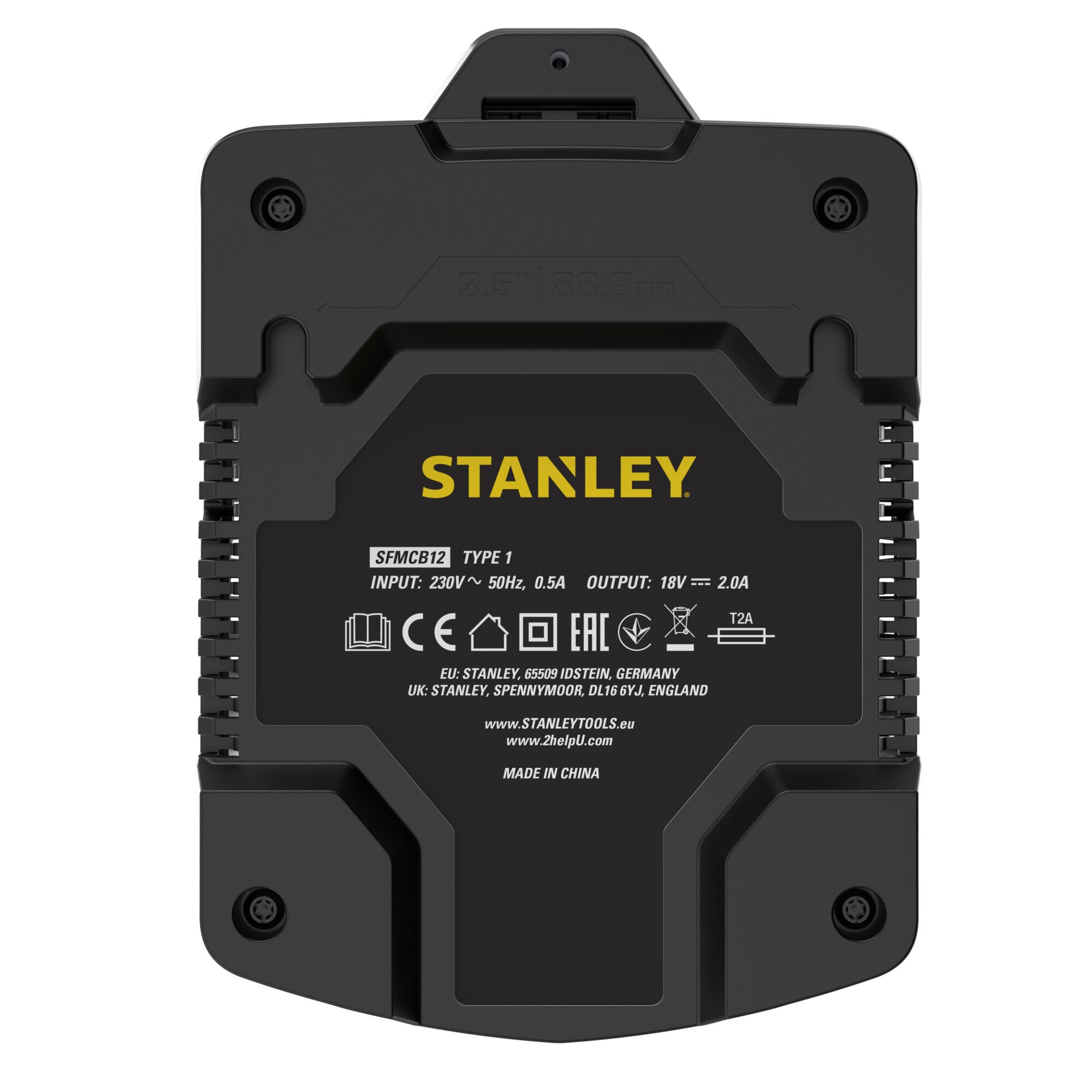 STANLEY SC200 battery charger, black, front angle, FATMAX, V20 lithium ion, photography on white background.