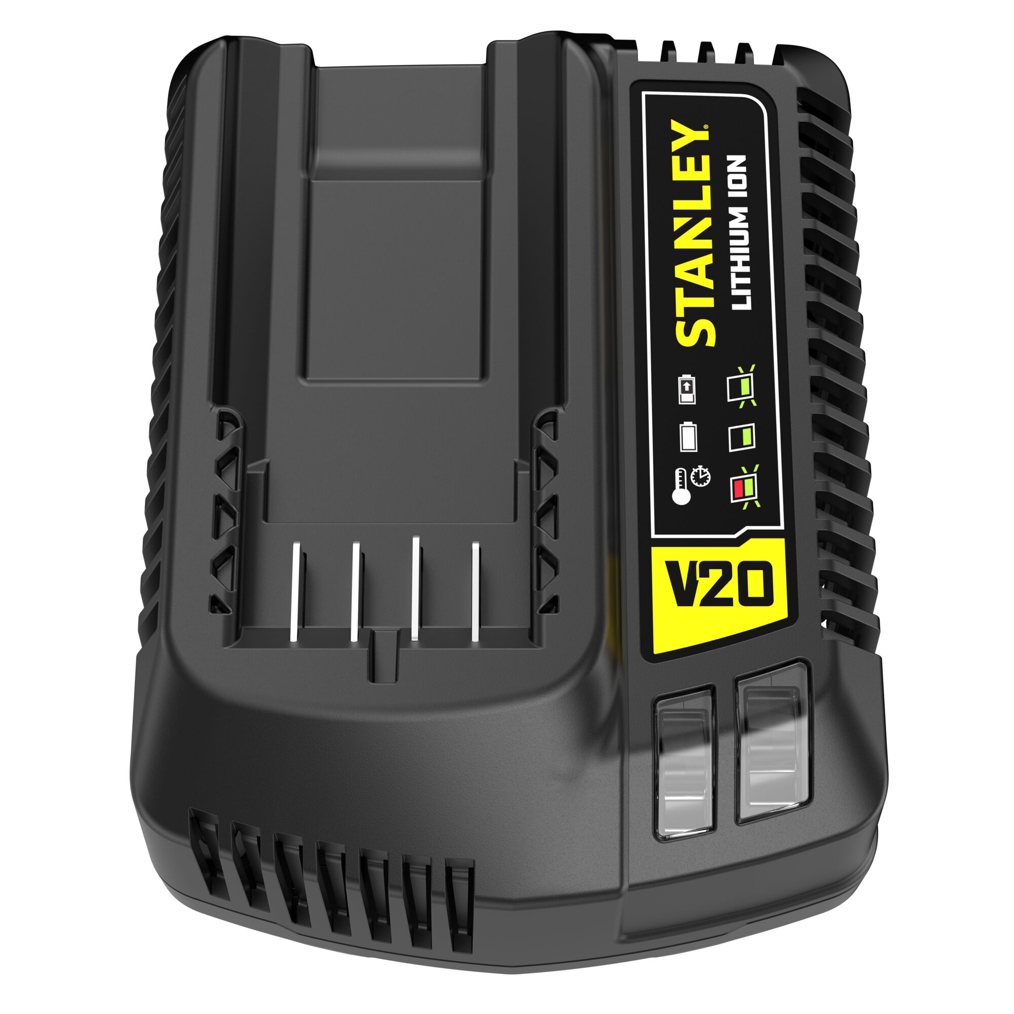 STANLEY SC200 black battery charger side angle photo on white background