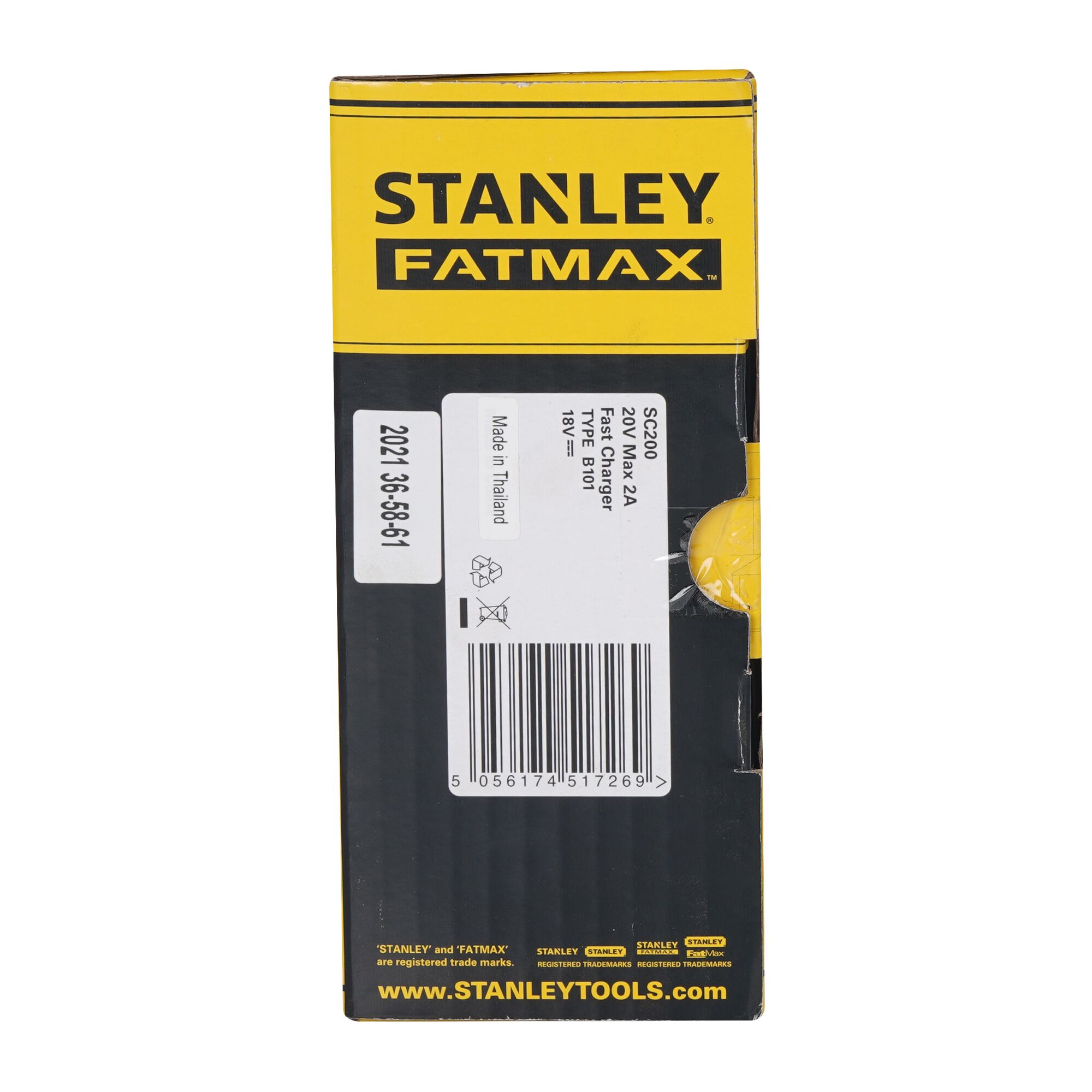 Photo of STANLEY SC200 FATMAX product packaging box, showing barcode and product details, side angle.