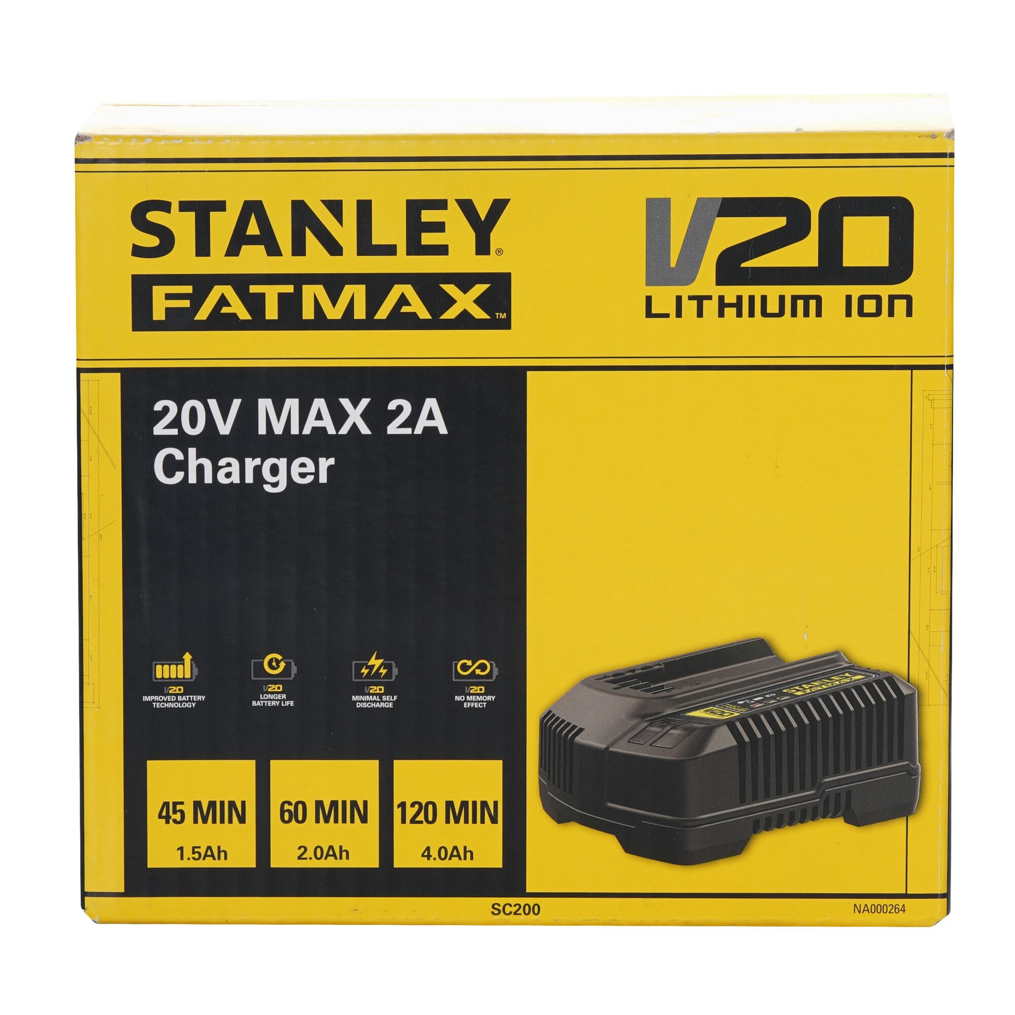 Stanley SC200 FATMAX 20V MAX 2A lithium-ion charger packaging, front angle photo.