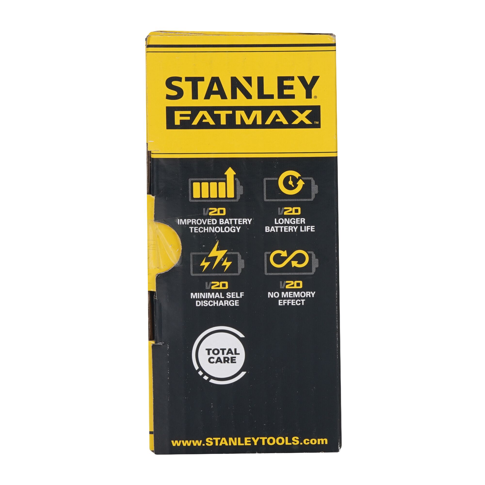 Stanley SC200 FATMAX battery packaging, close-up, yellow and black design with key battery features listed.