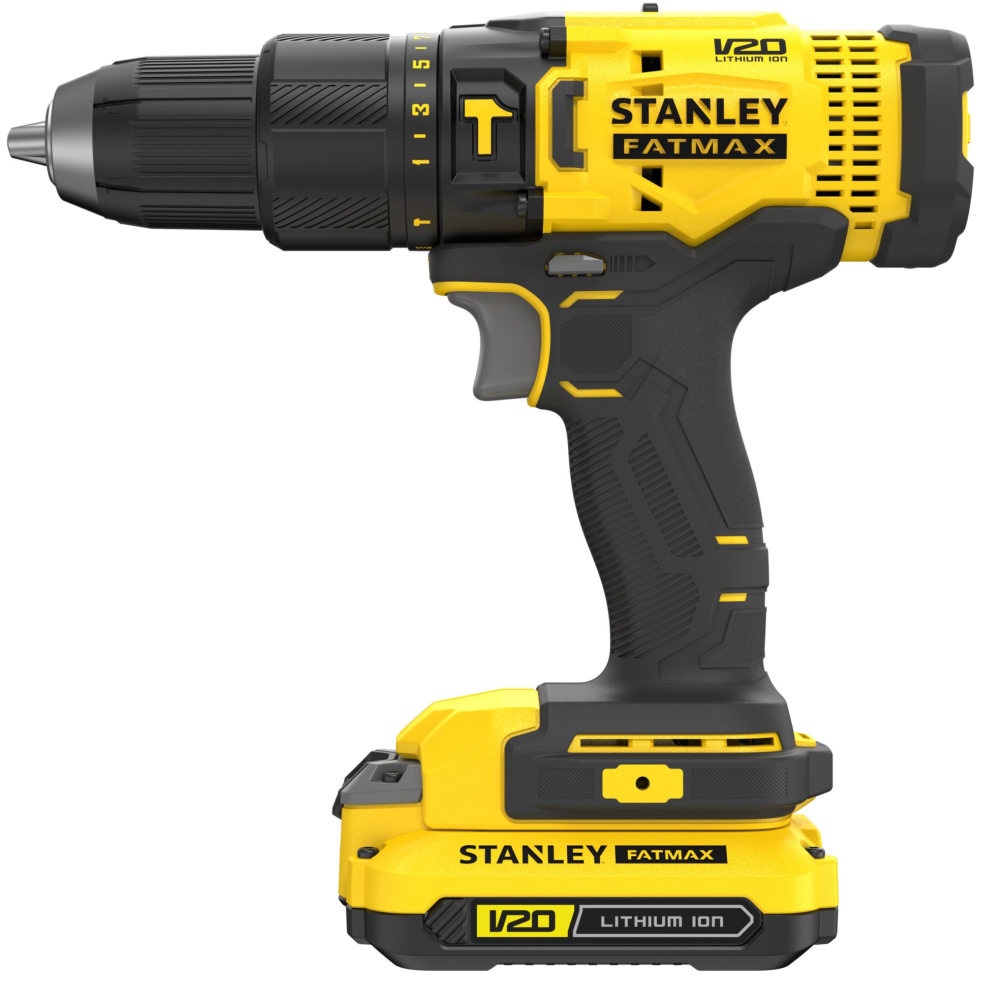 STANLEY SCD711C1H-B2 cordless drill driver, yellow and black, side view, with V20 lithium-ion battery.