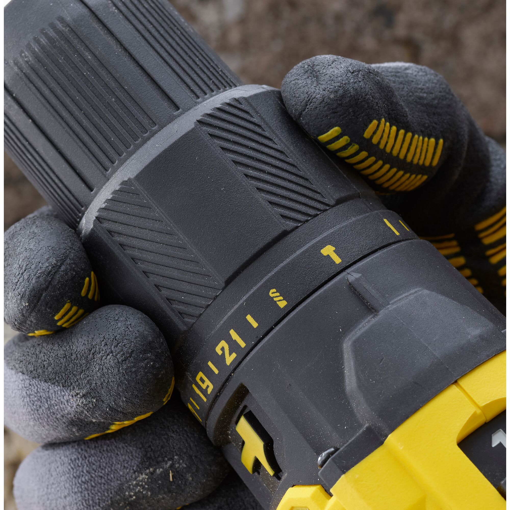 STANLEY SCD711C1H-B2__SCD711C1H drill close-up showing adjustment ring and textured black grip.