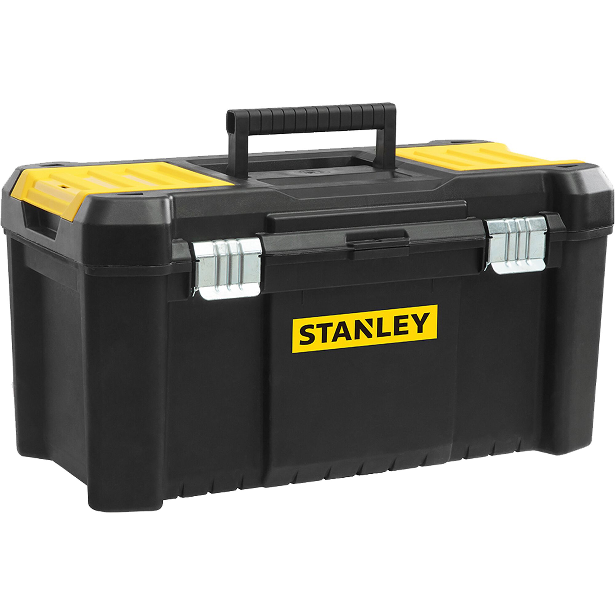 Stanley SCD711C1H-B2__SCD711C1H black and yellow toolbox, front angle, with metal latches and handle.