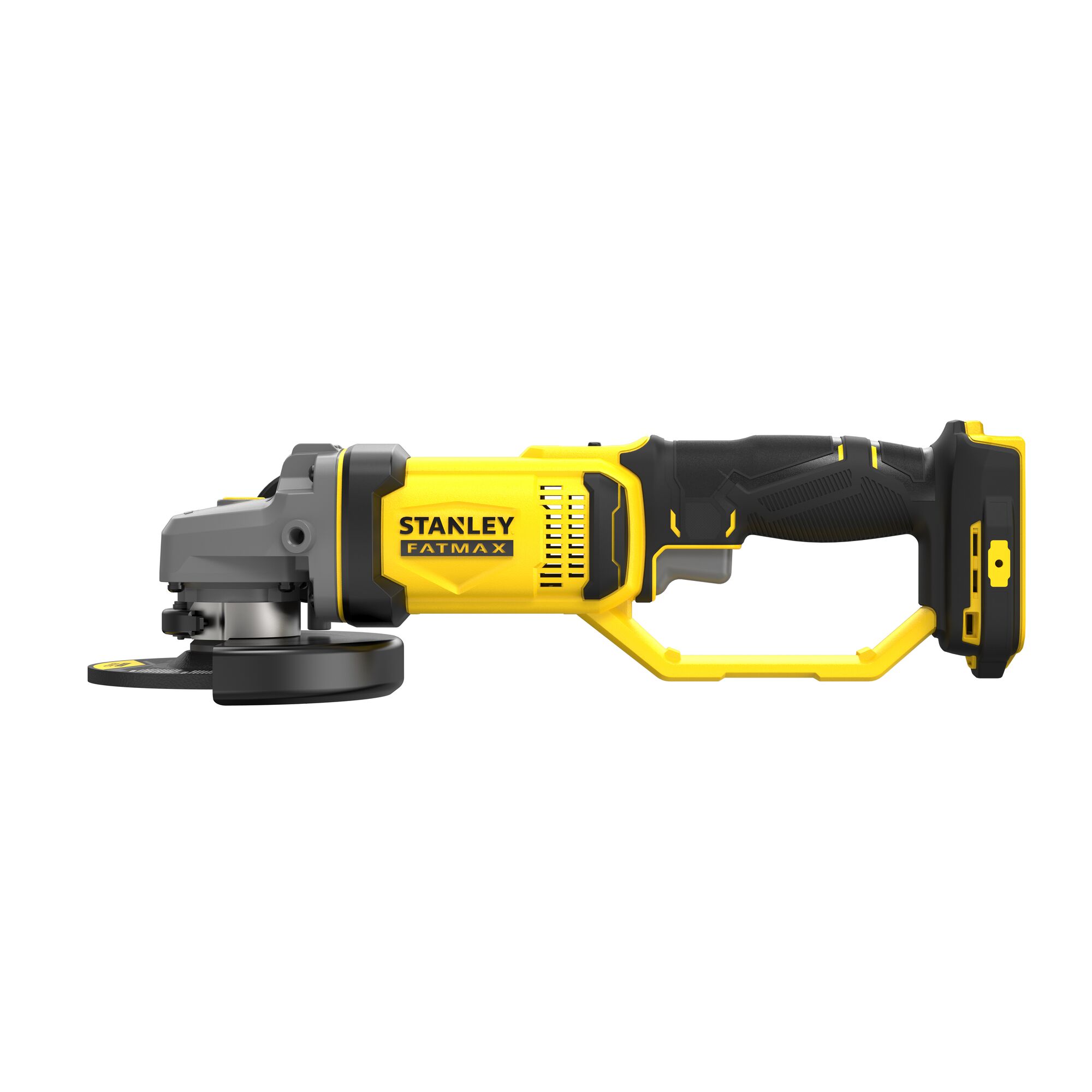 STANLEY SCG400 cordless angle grinder, yellow and black, side view on white background.