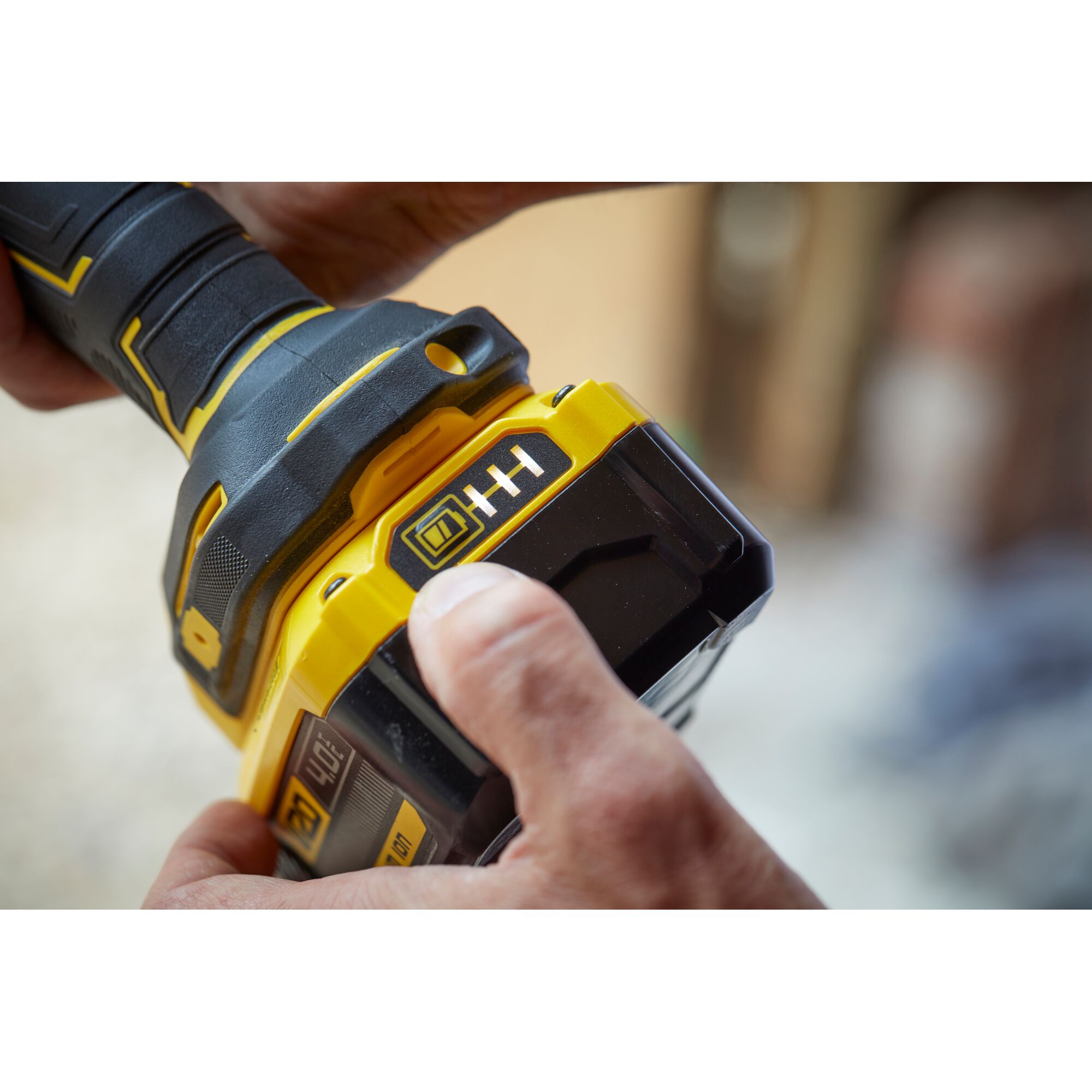 STANLEY SCG400 cordless tool close-up showing battery pack and power indicator