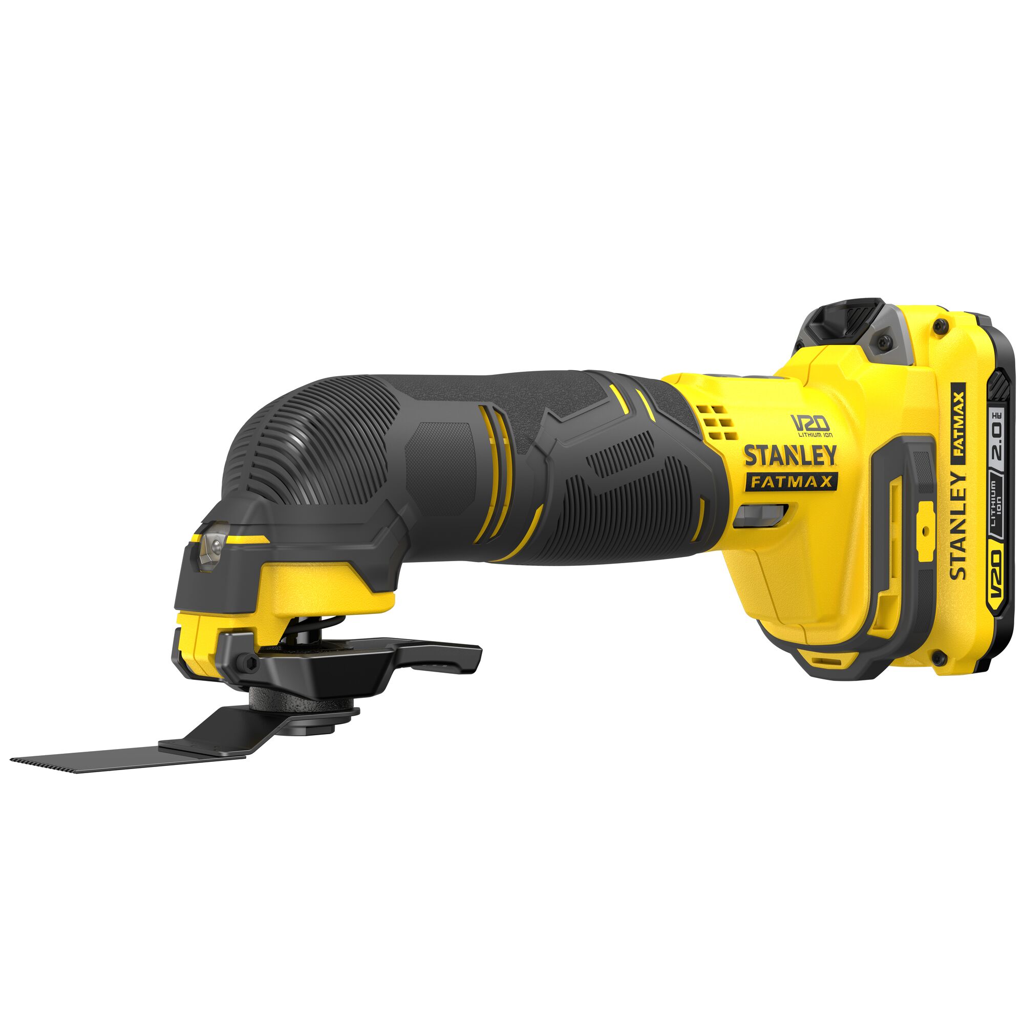 STANLEY SCT500D2K cordless oscillating multi-tool, yellow and black, side angle on white background.