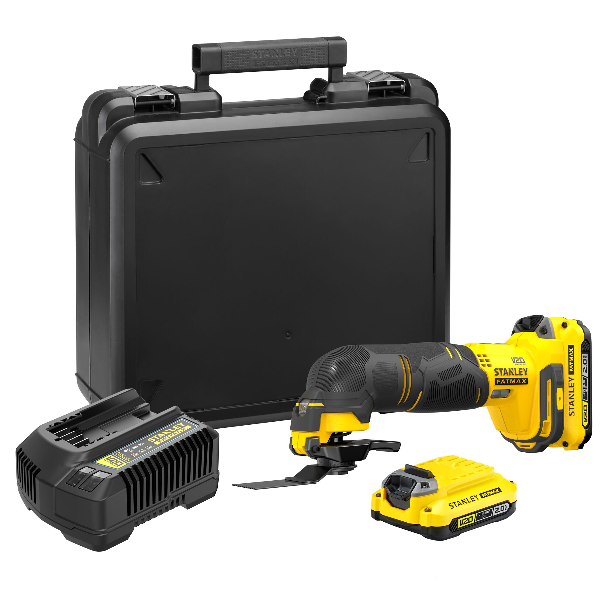 Stanley SCT500D2K oscillating multi-tool kit with battery, charger, and hard case, front angle.