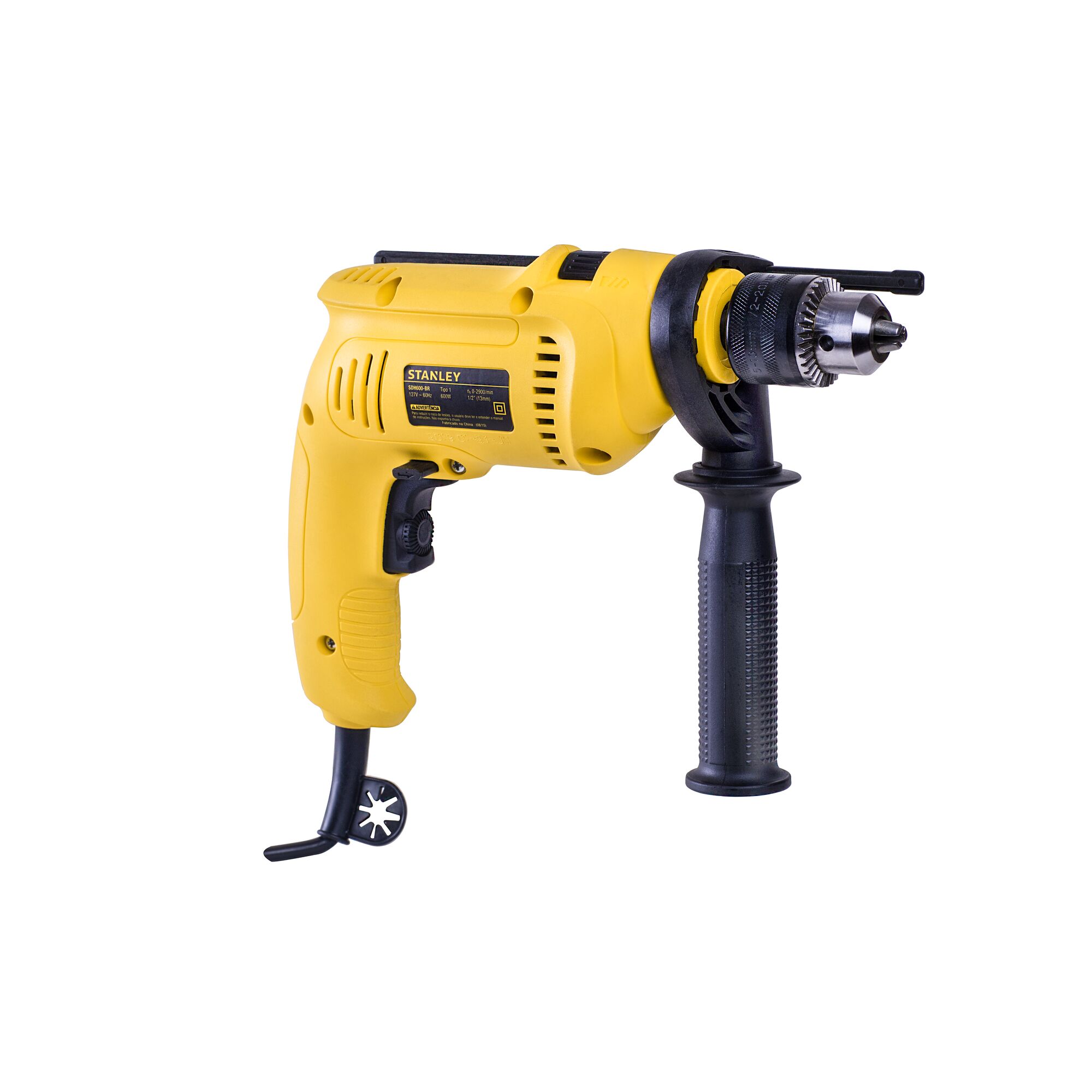Stanley SDH600 yellow corded drill with side handle, product photography on white background.
