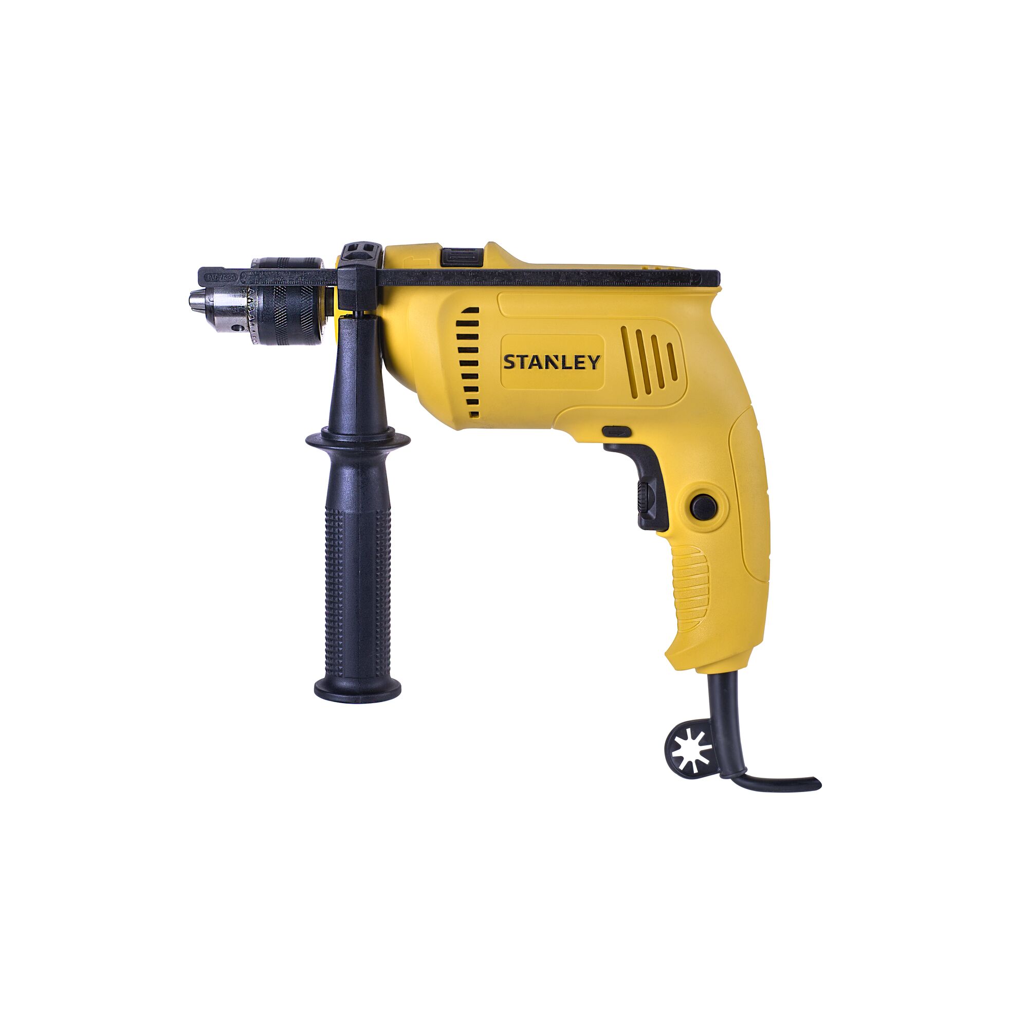 Stanley SDH600 yellow corded hammer drill, side view, with black handle and chuck on white background.