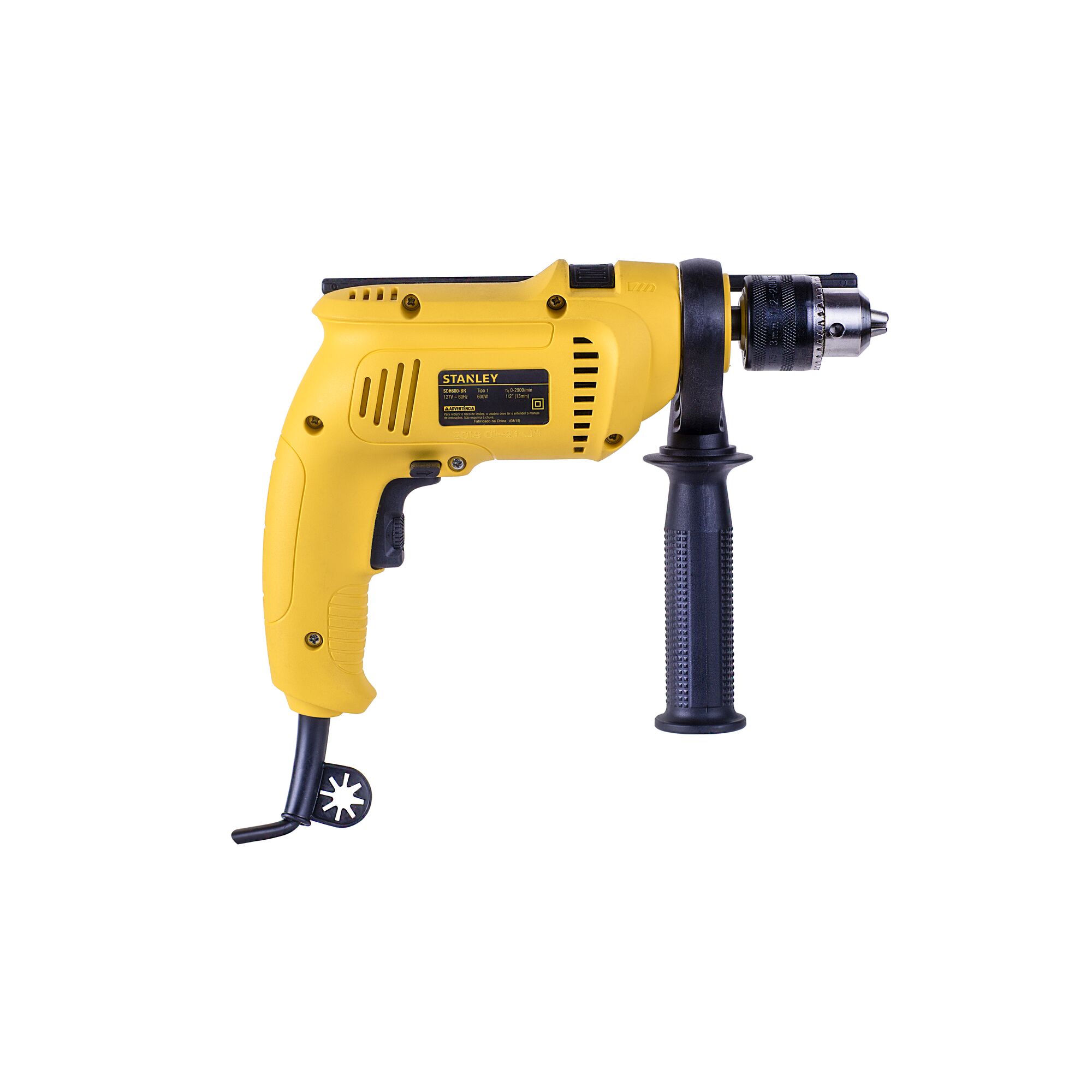 STANLEY SDH600 yellow corded hammer drill with side handle, product photography on white background.