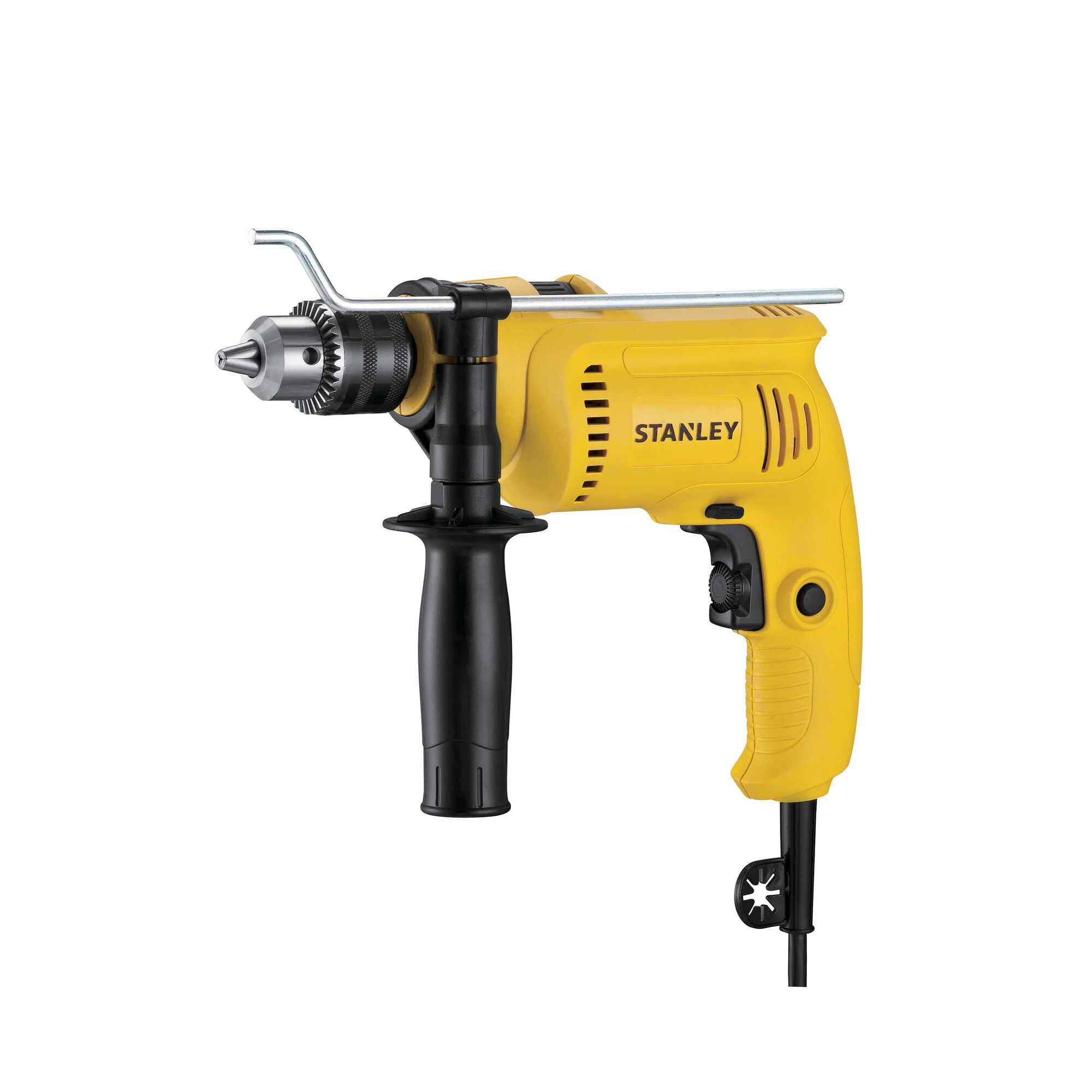 Stanley SDH600 yellow corded hammer drill with side handle, front angle on white background.