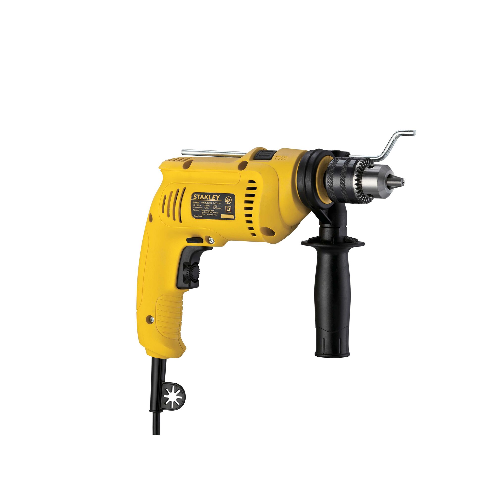 Photo of STANLEY SDH600 yellow corded drill with black side handle and metal chuck, right side angle, white background.