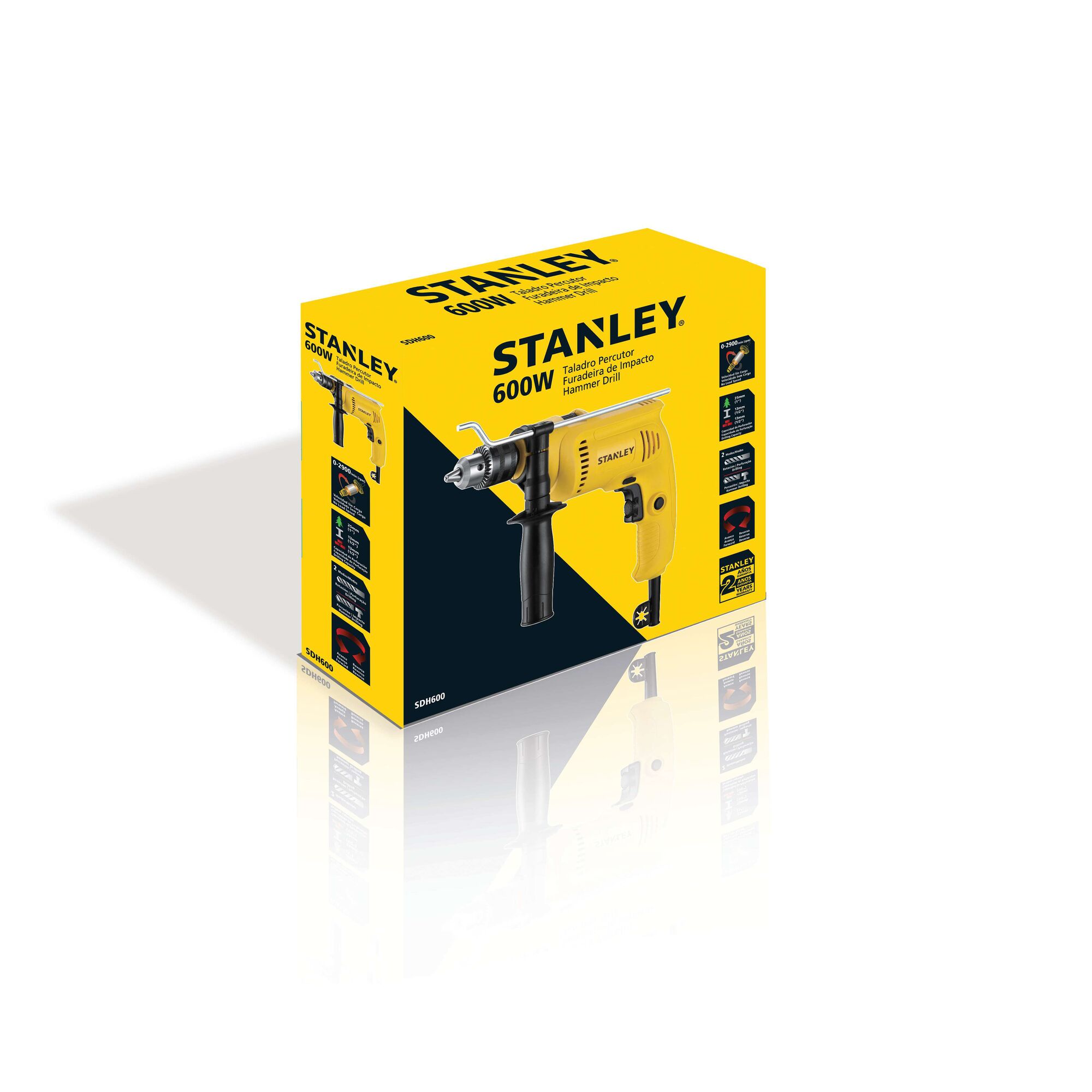 Photo of STANLEY SDH600 hammer drill packaging, yellow and black box, front left angle.
