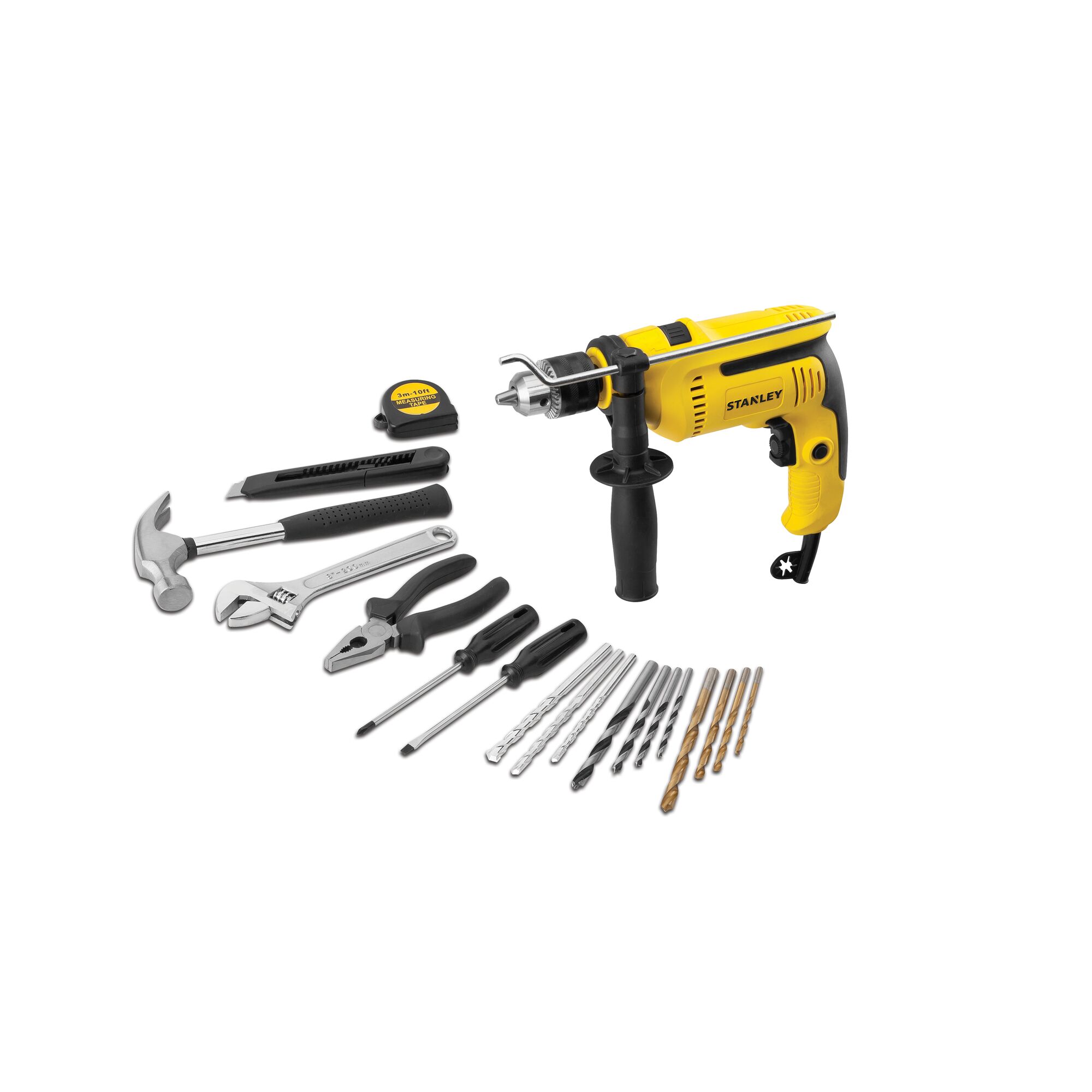 STANLEY SDH700KV tool kit with yellow drill, hand tools, drill bits, photographed from front on white background.