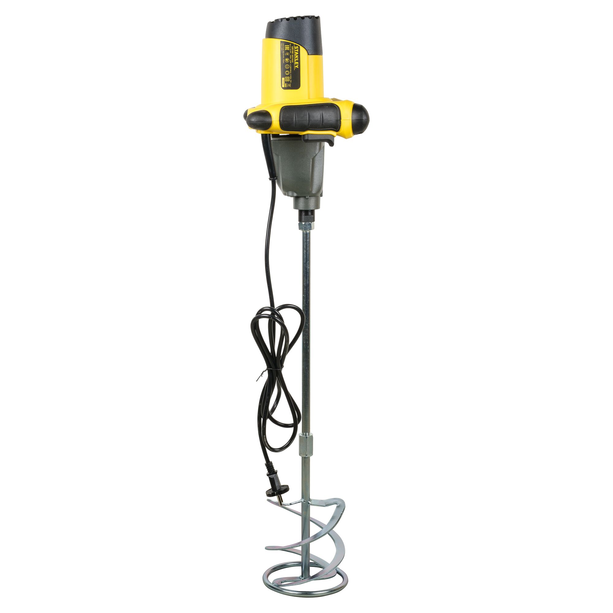 STANLEY SDR1400-KR electric mixer, yellow and black, front angle, long mixing paddle and power cord.