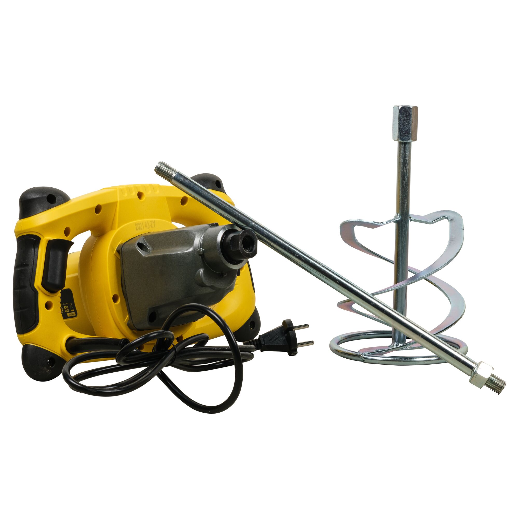 STANLEY SDR1400-KR electric mixer with metal mixing paddle, photography, front angle, yellow and black body.
