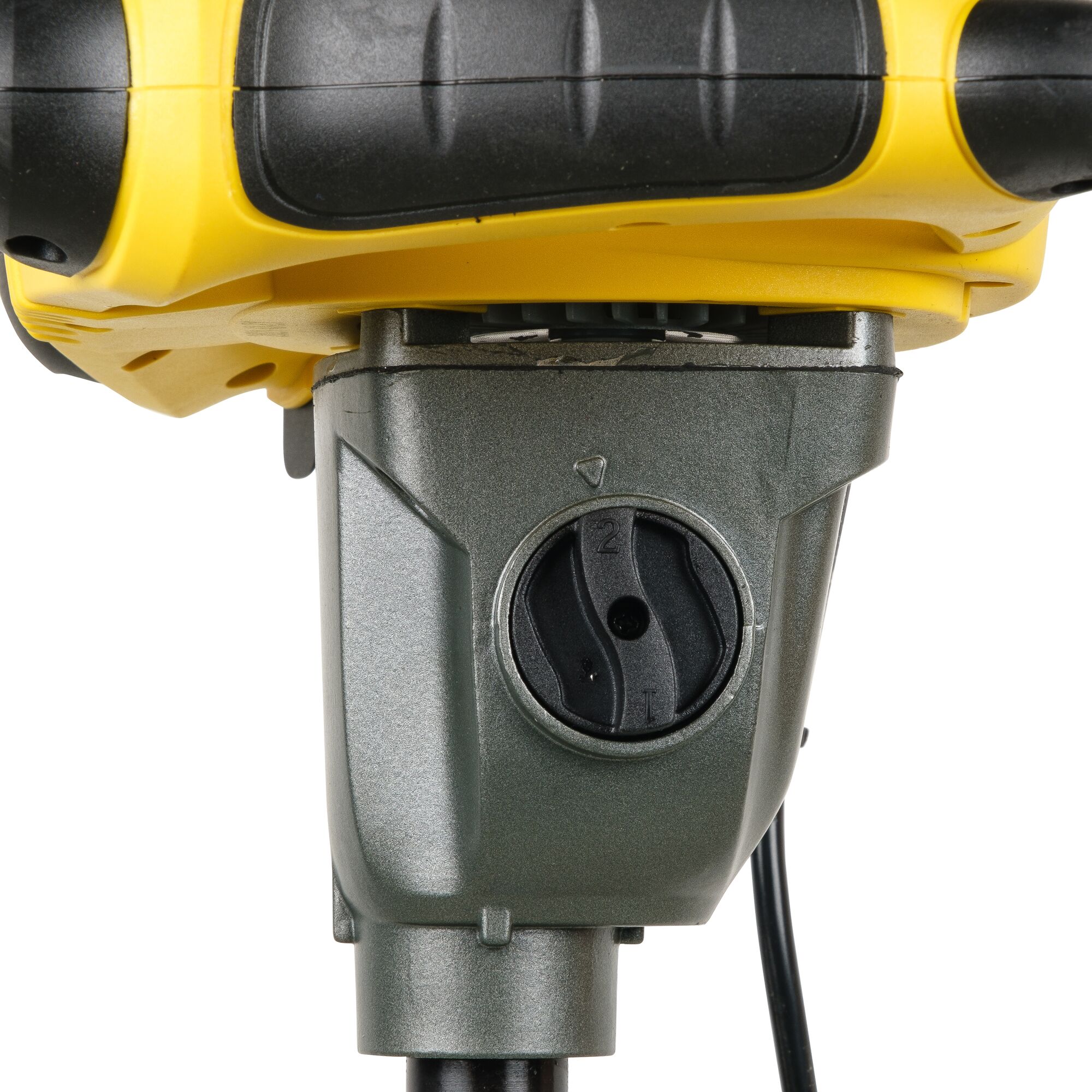 STANLEY SDR1400-KR drill close-up showing gear shift dial, yellow and black handle, product on white background.