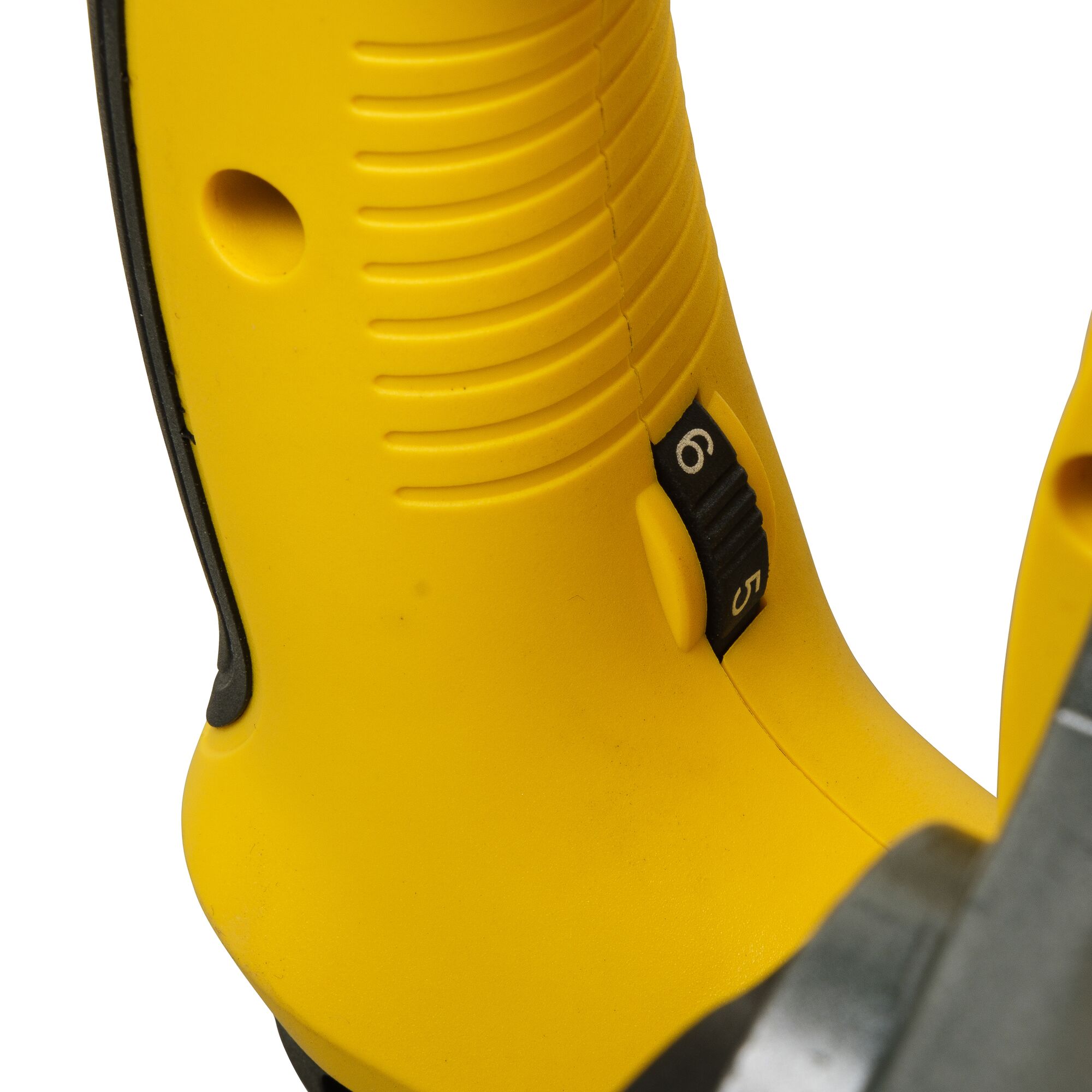 STANLEY SDR1400-KR photography close-up of yellow handle with speed control dial, white background.