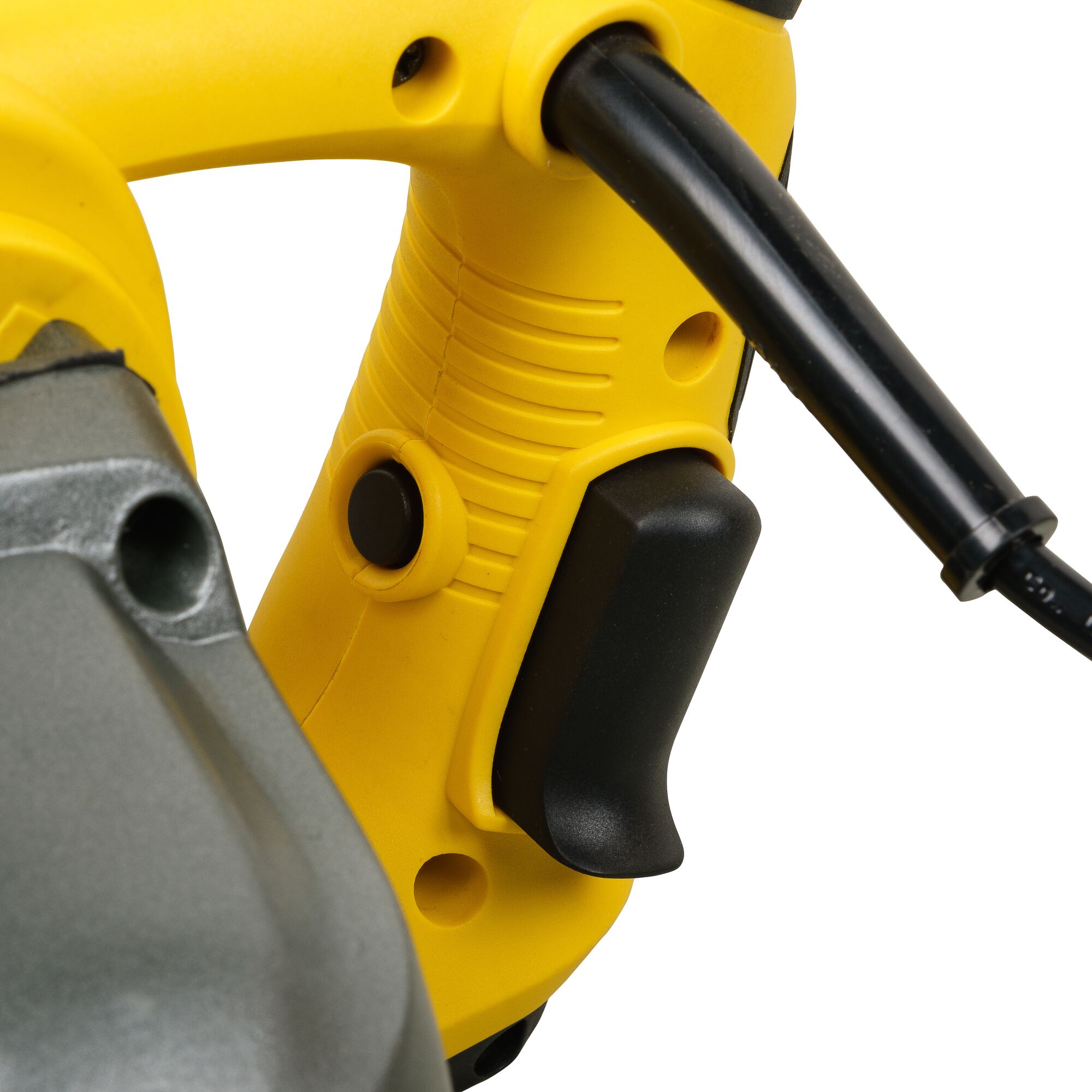STANLEY SDR1400-KR close-up of yellow power tool handle and trigger switch, photography, white background.