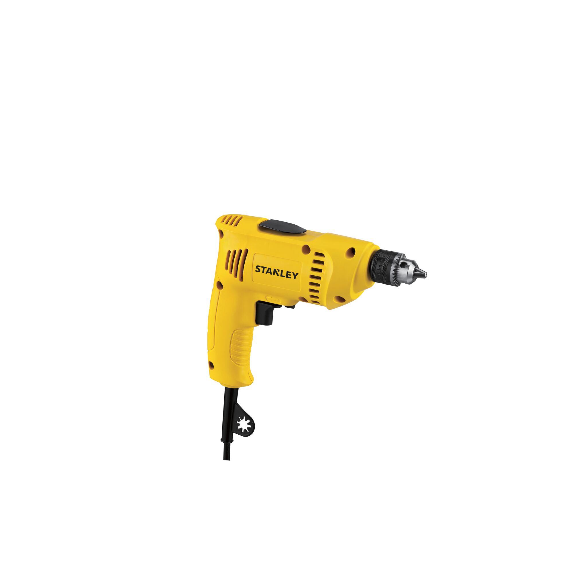 STANLEY SDR3006 yellow corded electric drill side view with black accents, photography on white background.