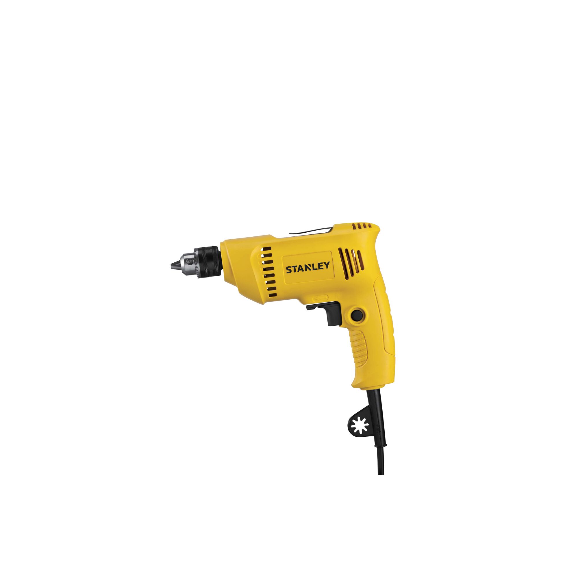 STANLEY SDR3006 yellow corded electric drill side view on white background.