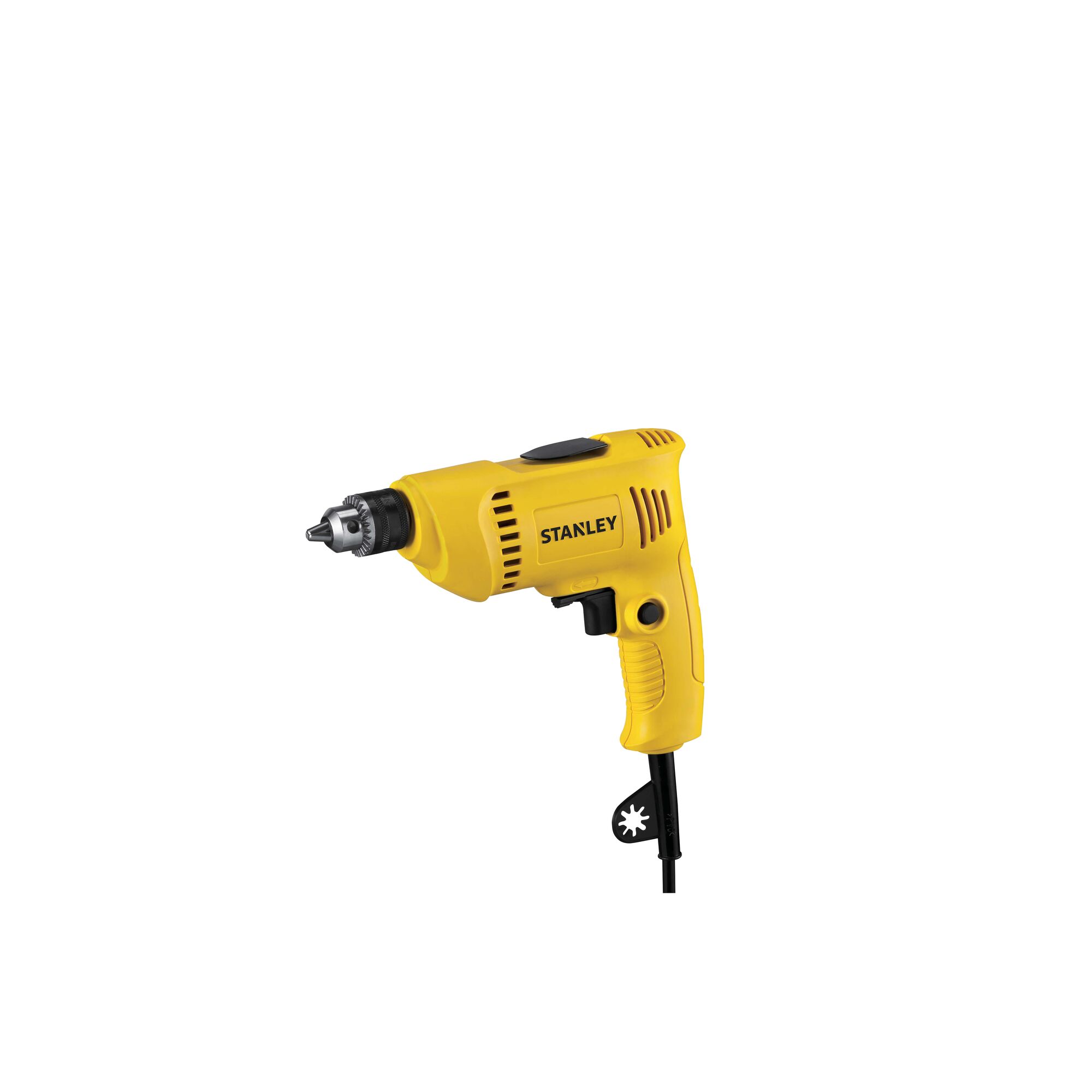 STANLEY SDR3006 yellow corded drill, side angle, black handle and chuck, product photography.
