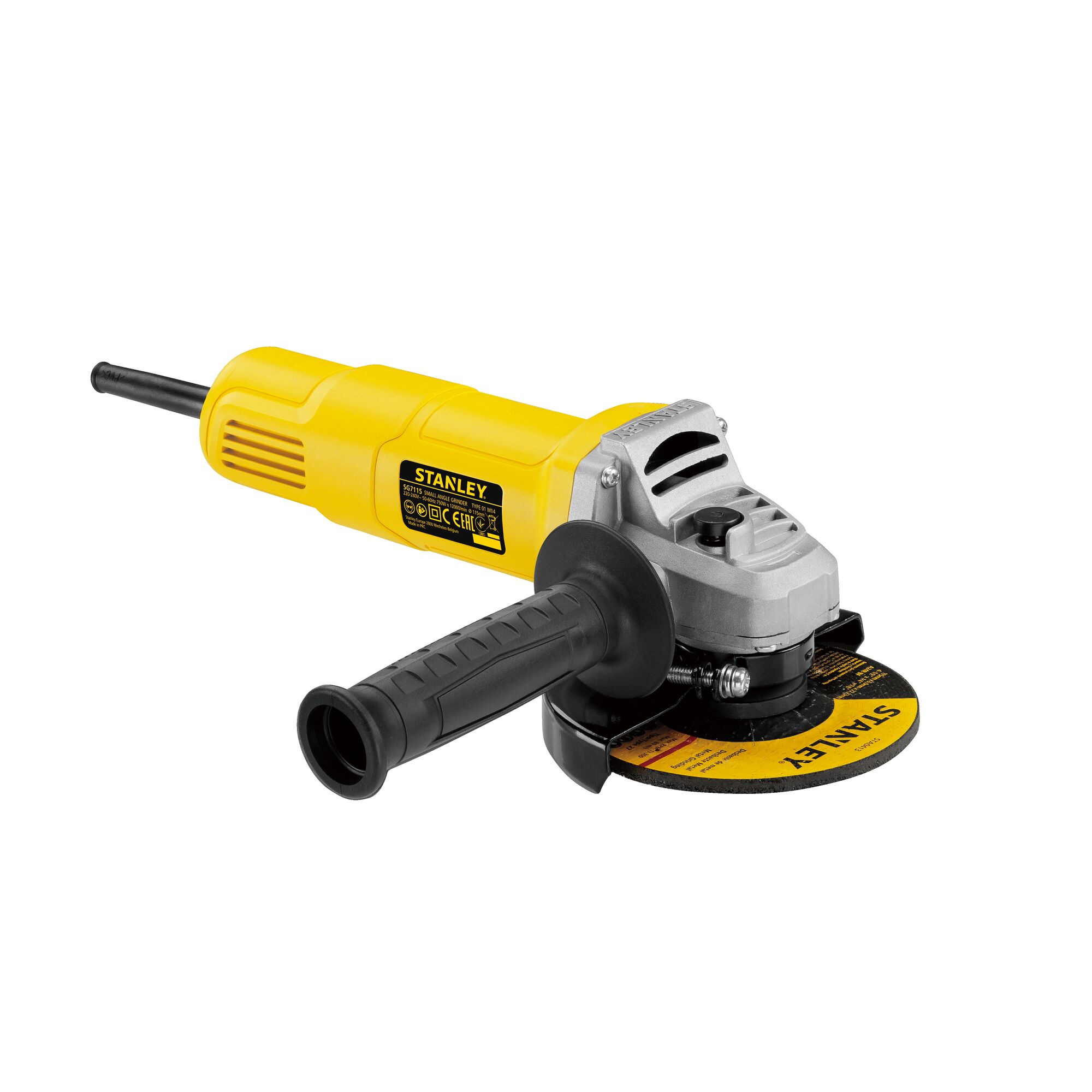 STANLEY SG6100 yellow and black angle grinder, side view on white background, with grip handle and branded disc.
