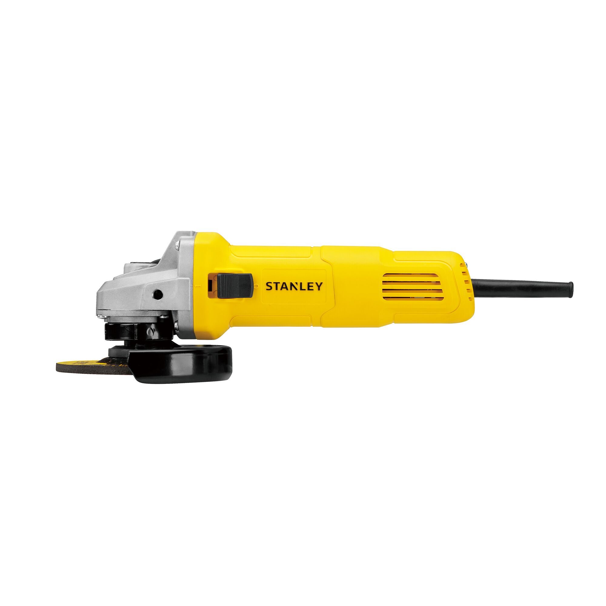 STANLEY SG6100 yellow angle grinder, photography of right-side view on white background.