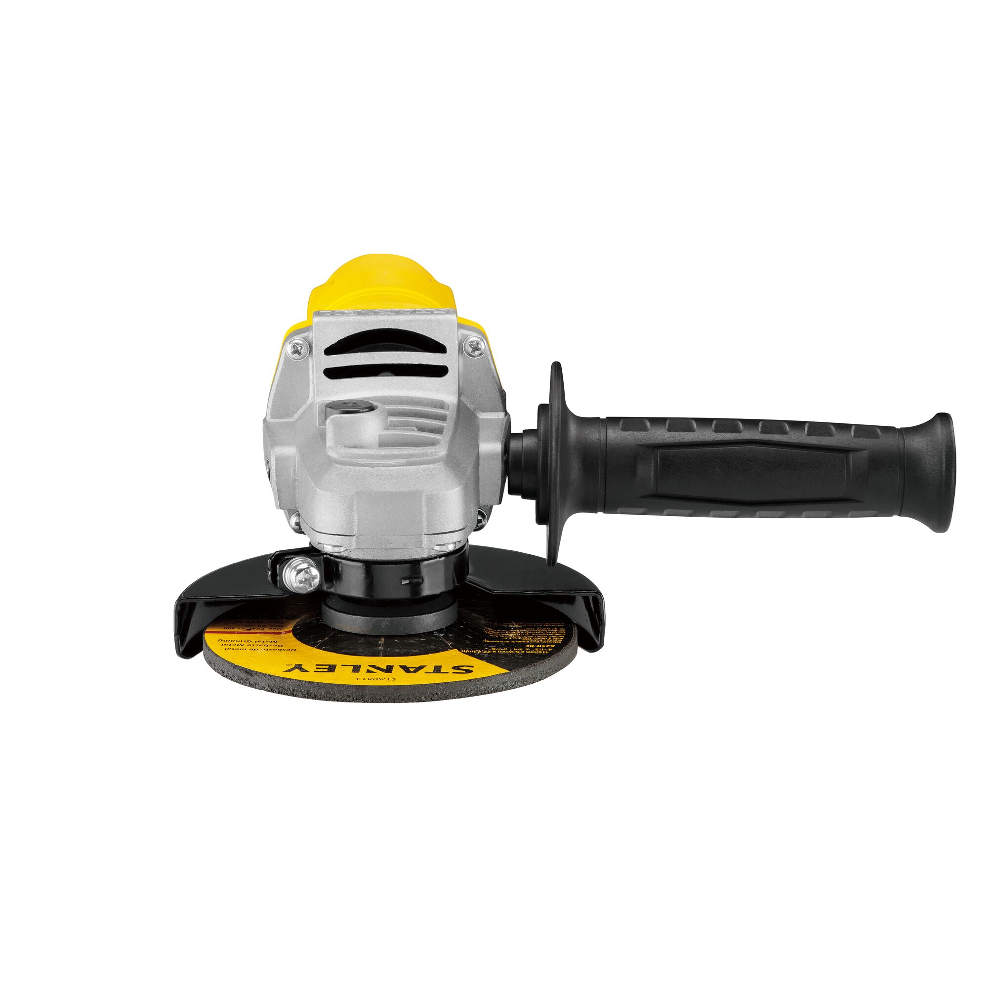 STANLEY SG6100 angle grinder front view with yellow and black body, black side handle, and visible disc guard.
