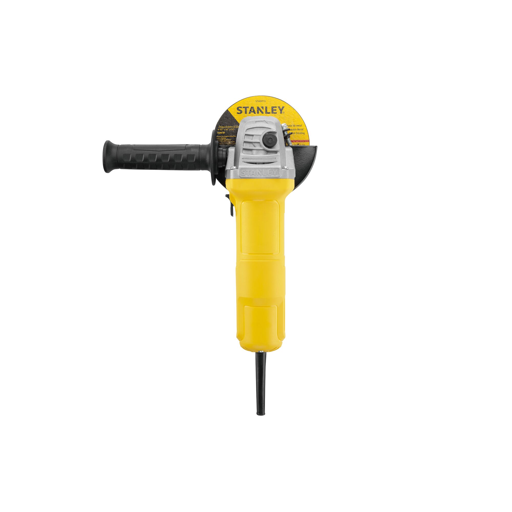 STANLEY SG6100 yellow angle grinder front view with black handle and grinding disc on white background.