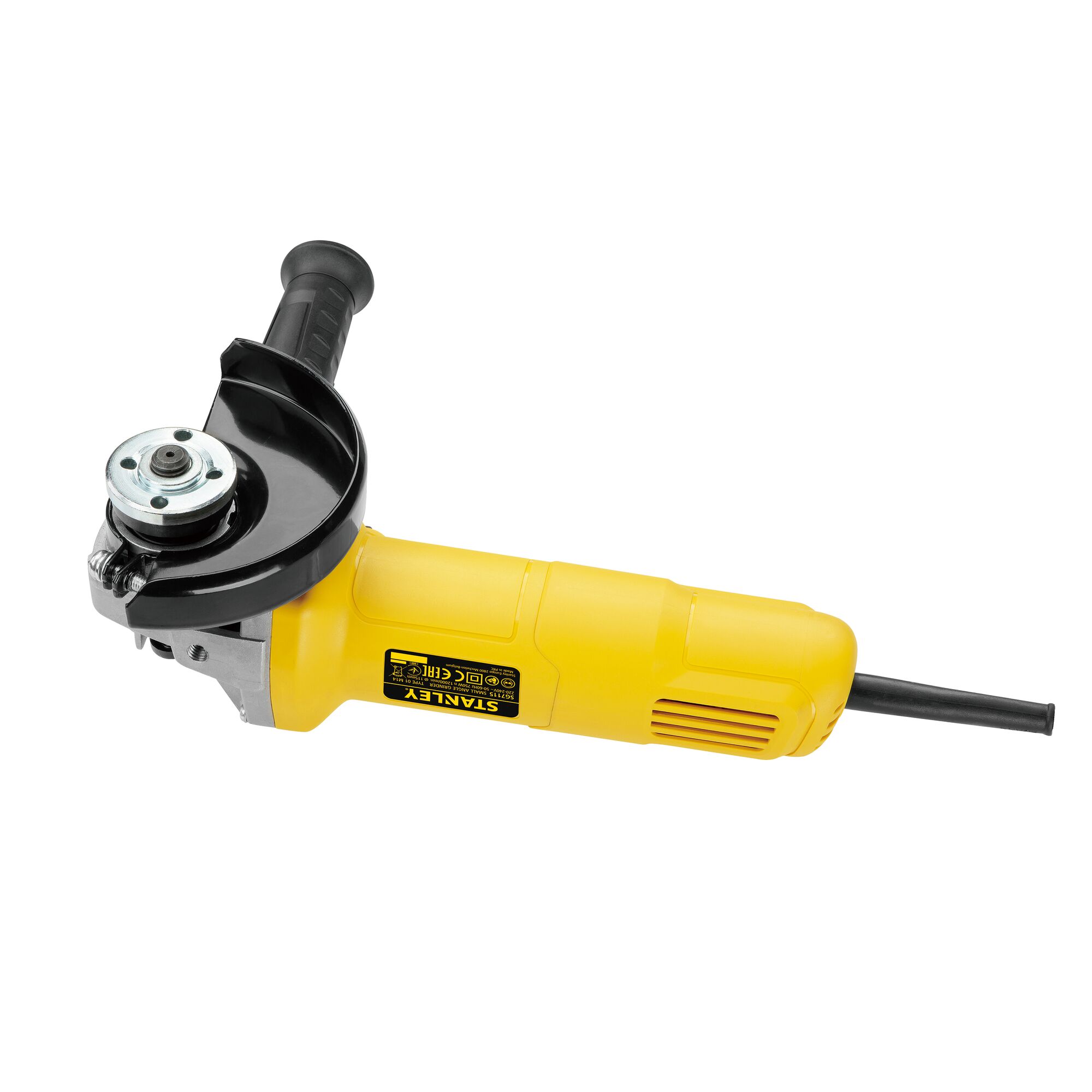 STANLEY SG6100 yellow angle grinder, side view on white background, showing handle and power cord.