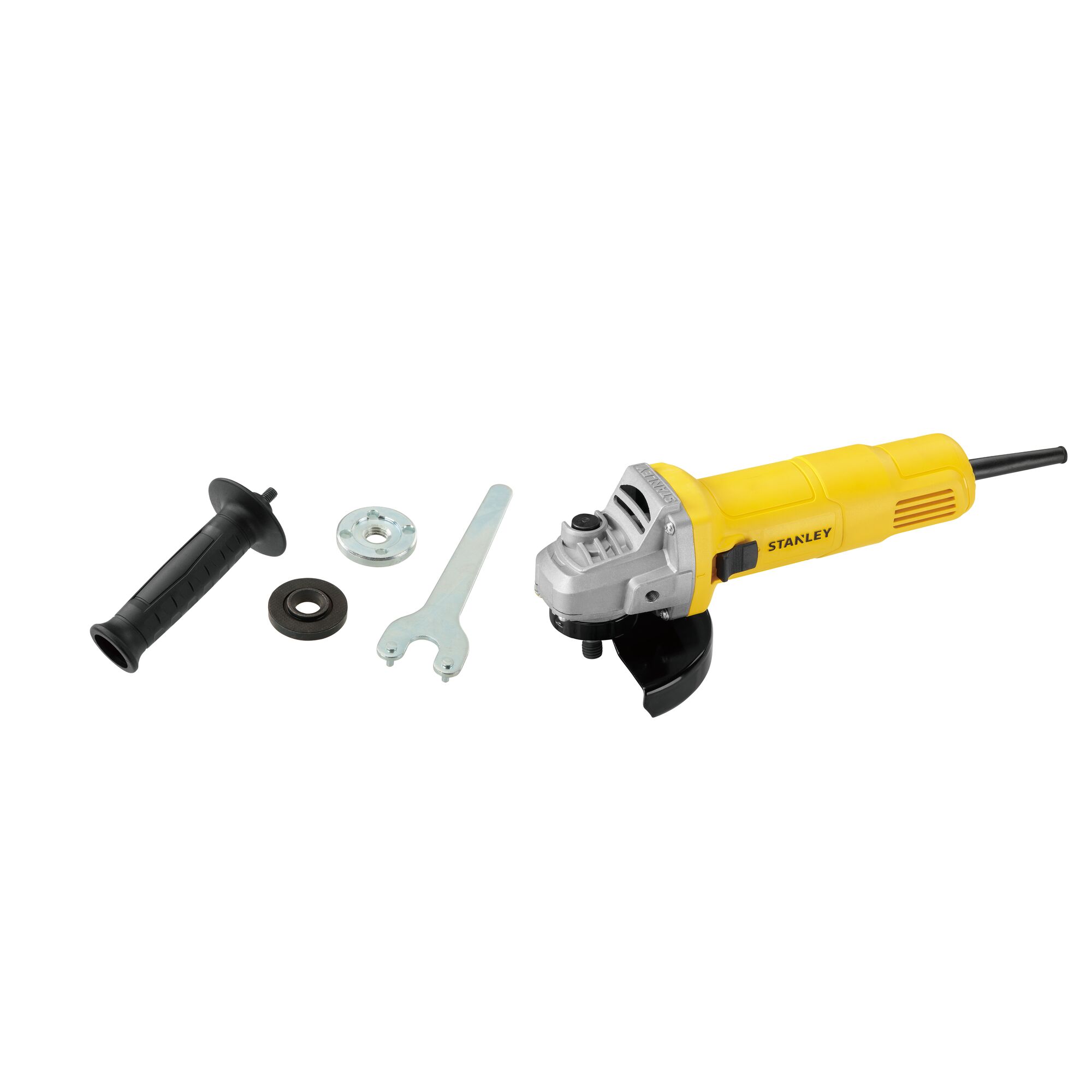 STANLEY SG6100 yellow angle grinder set with handle, wrench, and mounting accessories, front angle on white background.