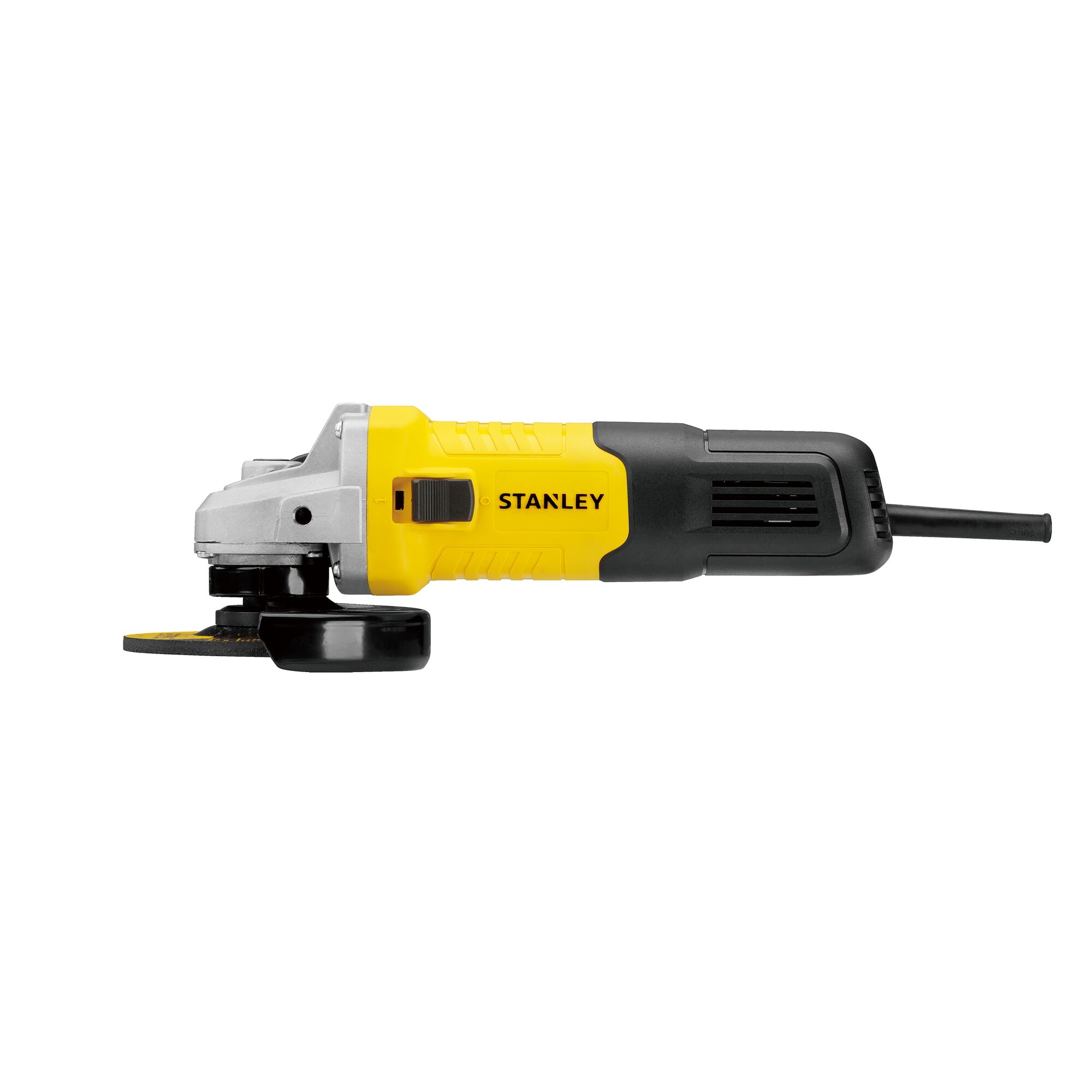 Photo of STANLEY SG7100 angle grinder, yellow and black, side view, with power cord and protective guard.