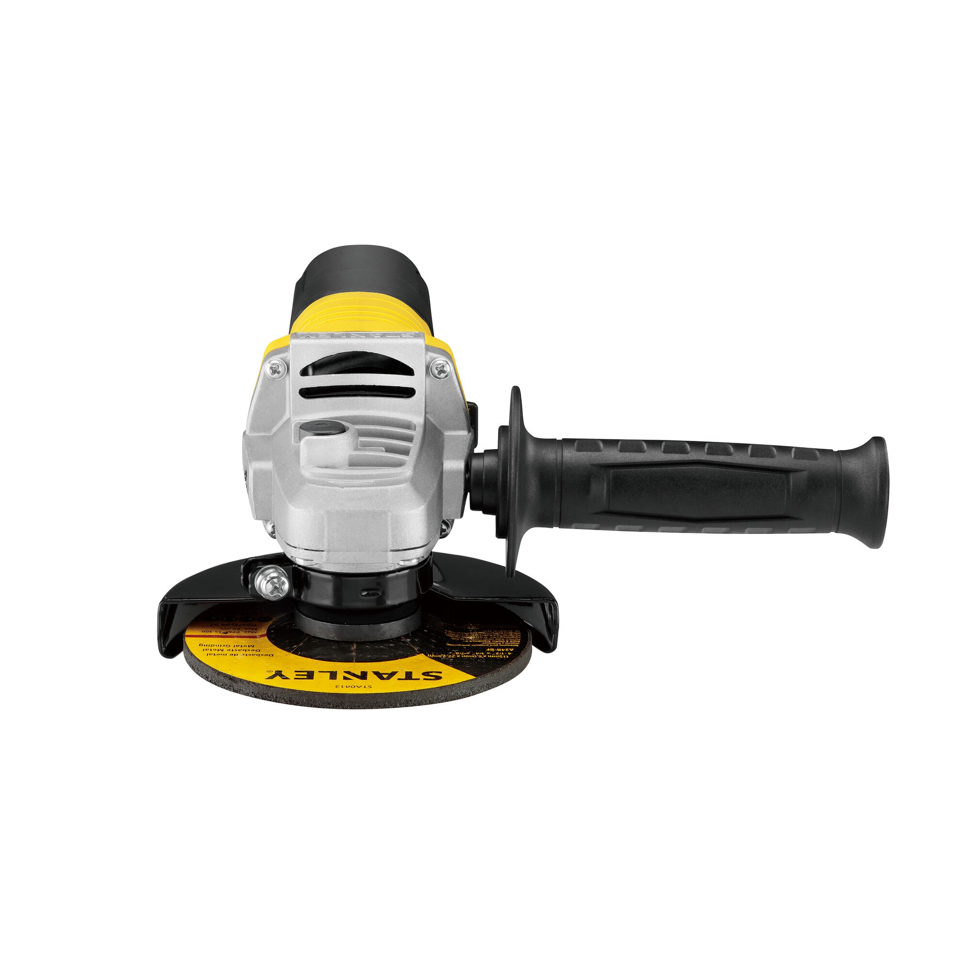 STANLEY SG7100 angle grinder front view with black side handle, yellow and black body, on white background.