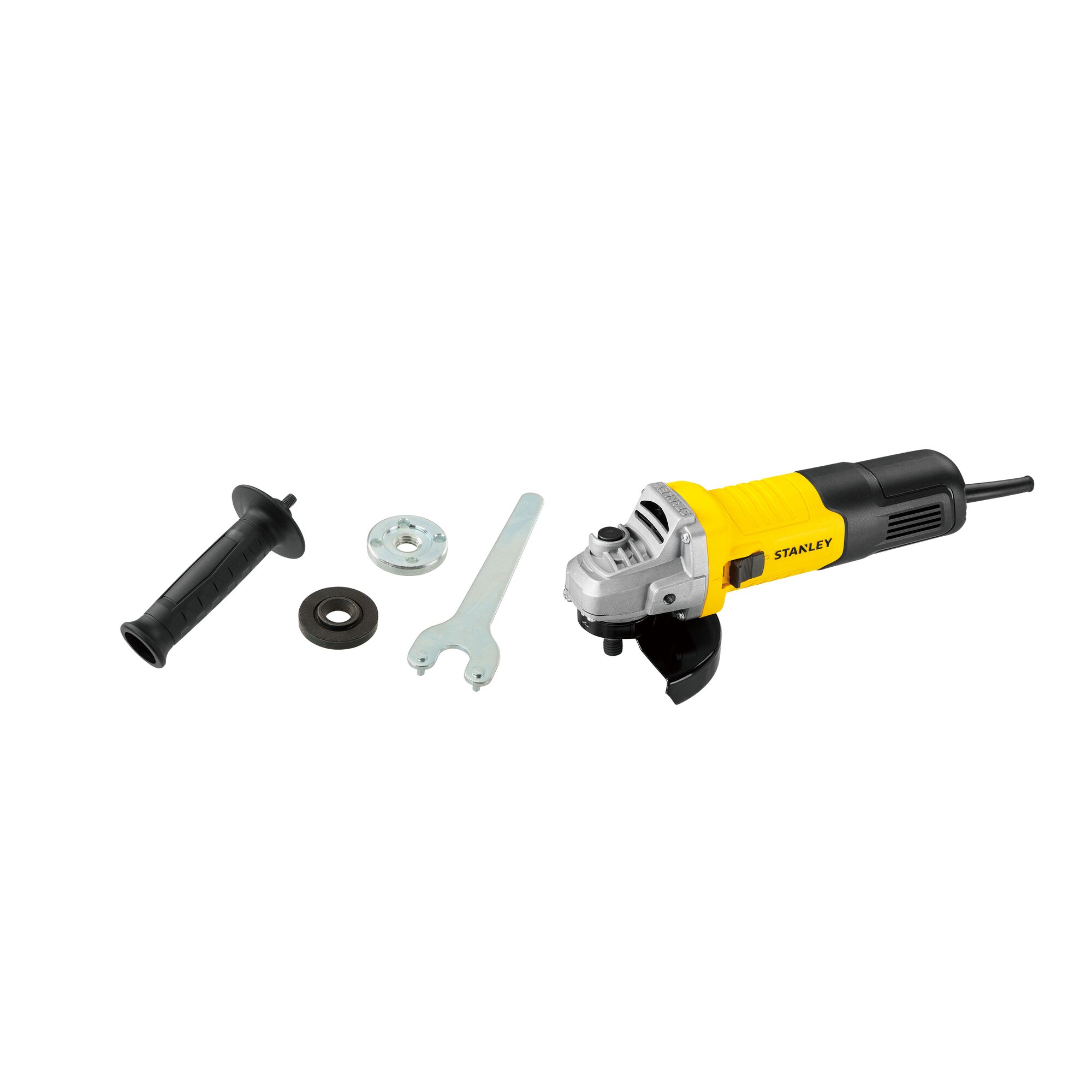 STANLEY SG7100 angle grinder with yellow and black body, handle, wrench, and accessories, side view.