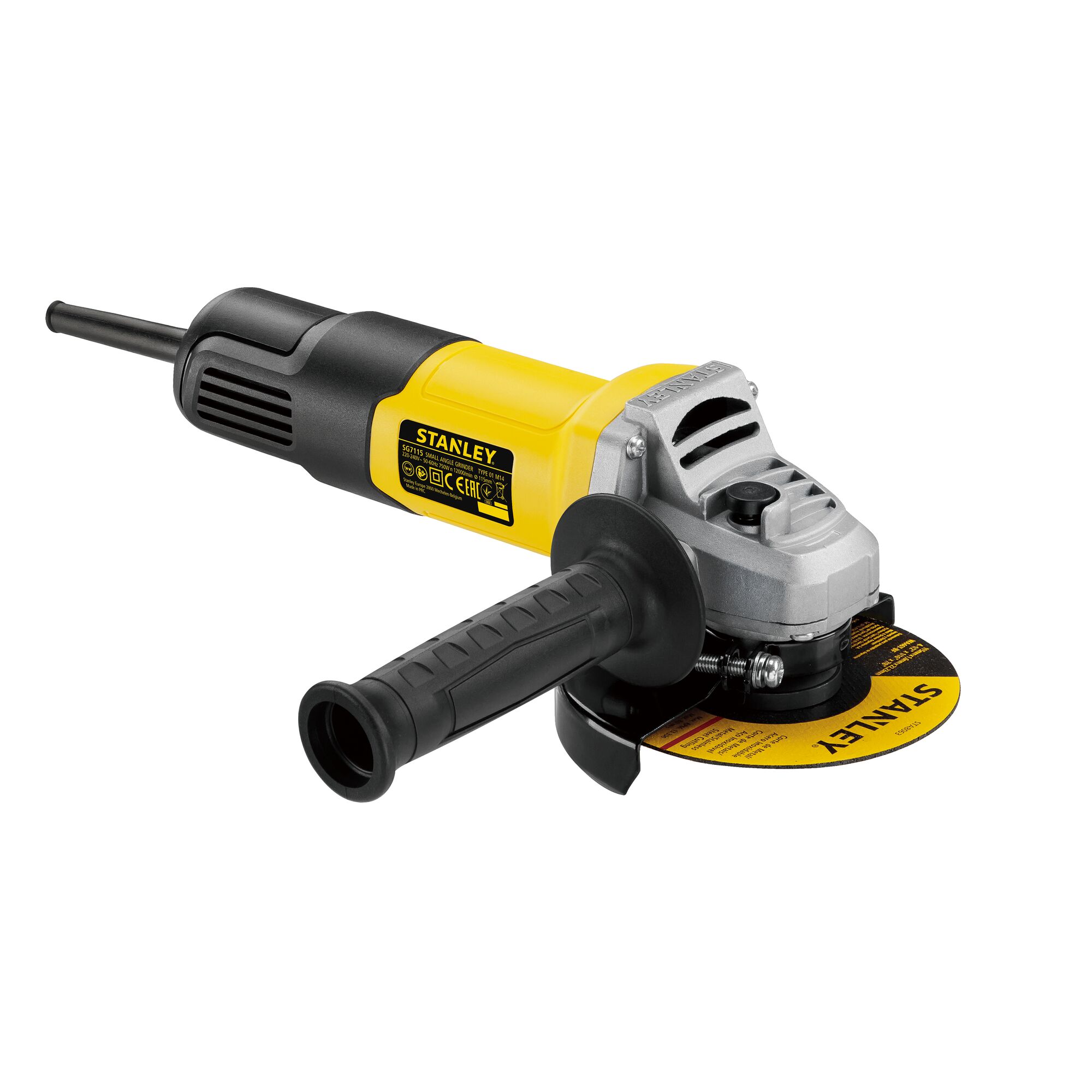 STANLEY SG7100 angle grinder with yellow and black body, side handle, and visible grinding disc, front left angle.