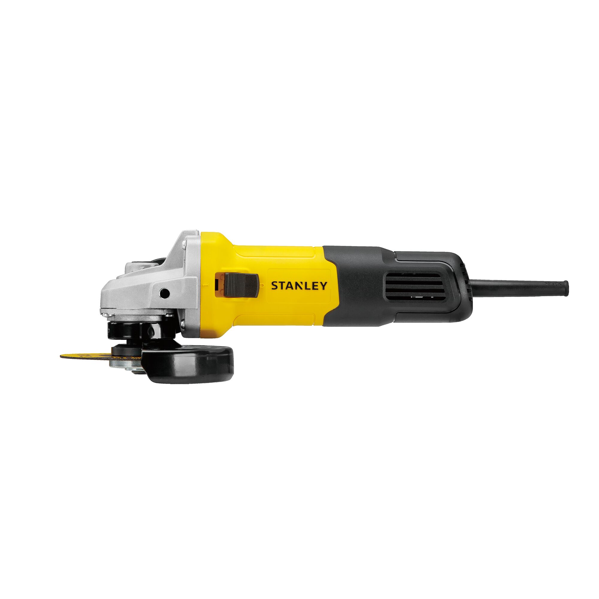 STANLEY SG7100 angle grinder, yellow and black, side view on white background, power tool for cutting and grinding.