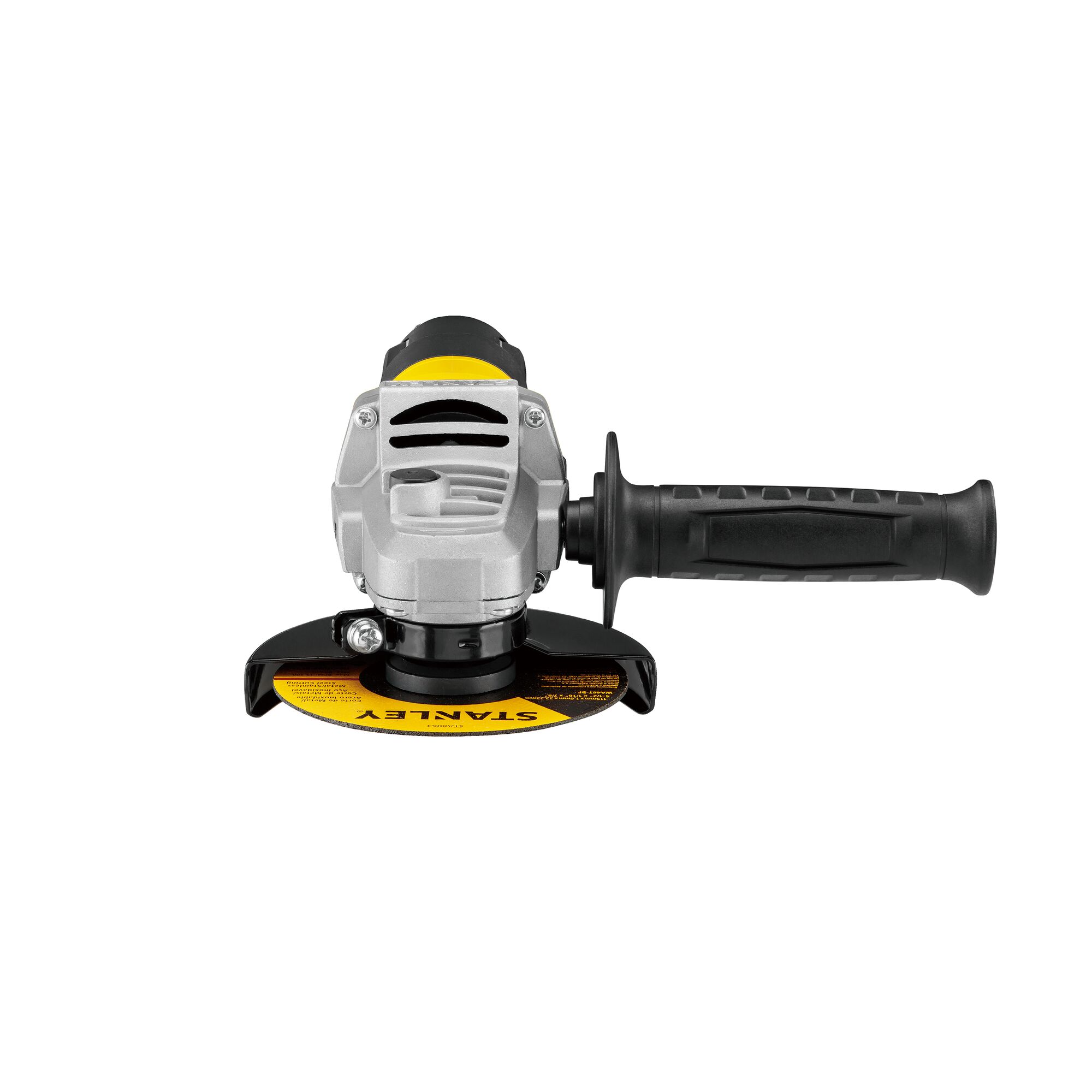 STANLEY SG7100 angle grinder with side handle, black and yellow, front view on white background.