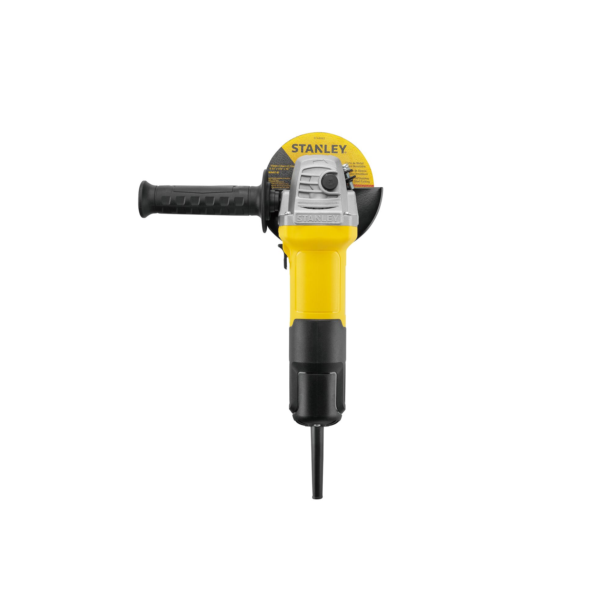 STANLEY SG7100 angle grinder, yellow and black, front view on white background, power tool category.