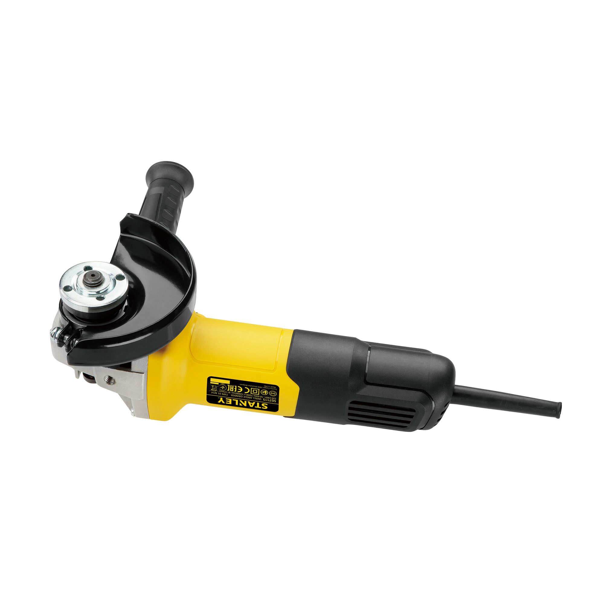 STANLEY SG7100 angle grinder with side handle and yellow-black body, front side view on white background.