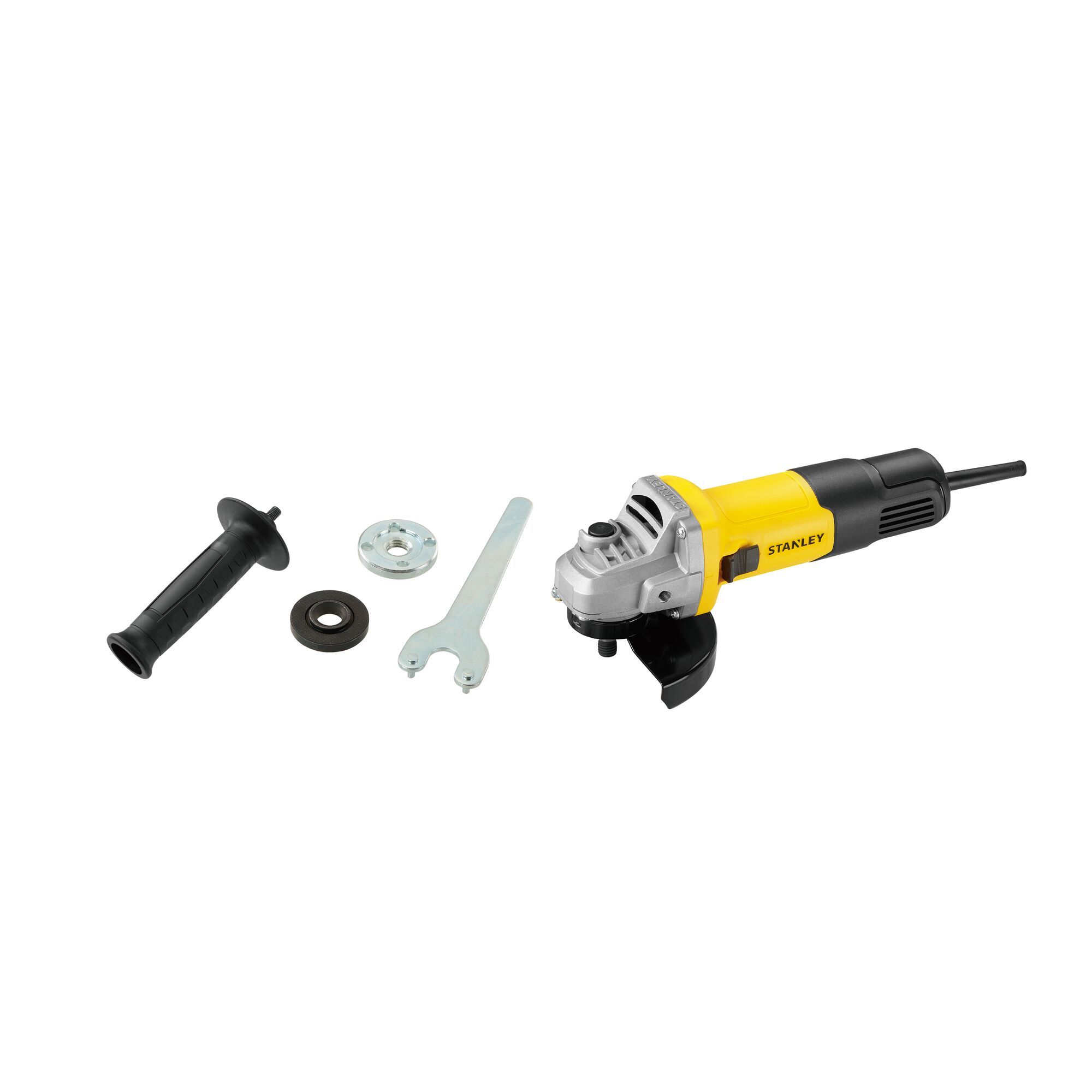 STANLEY SG7100 angle grinder with side handle, wrench, and accessories, shown from front right on white background.