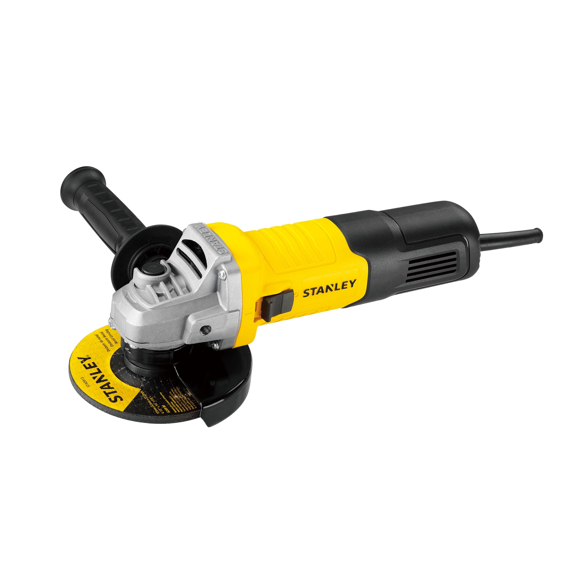 Stanley SG7100 yellow and black angle grinder, side view, with auxiliary handle and branded disc.