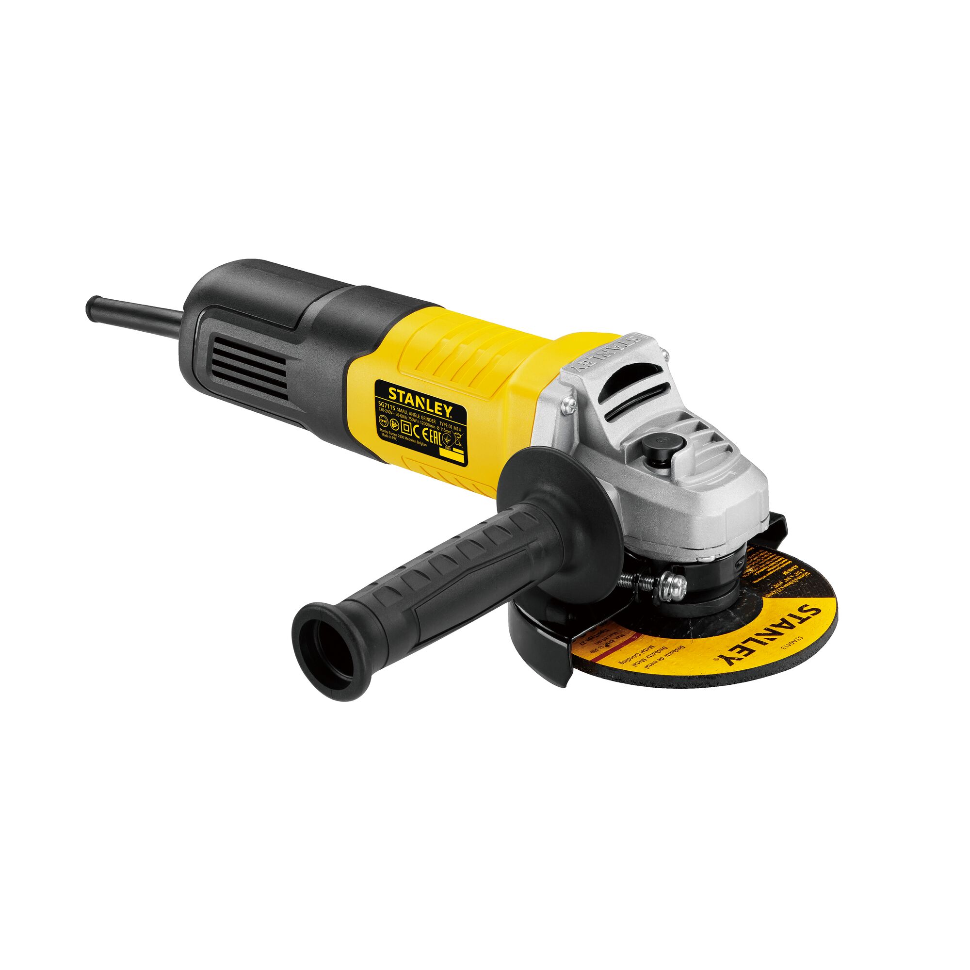 STANLEY SG7100 angle grinder with black and yellow body and side handle, side view on white background.
